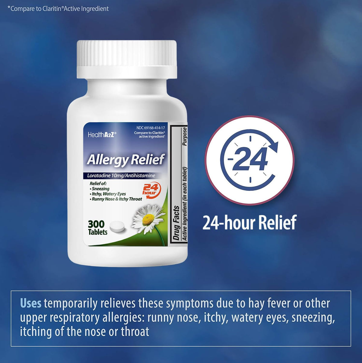 HealthA2Z® Allergy Relief, Loratadine 10mg, 24-Hour Antihistamine, Dye Free, Indoor & Outdoor Allergy Relief, 300 Tablets - FENGGESTORE20