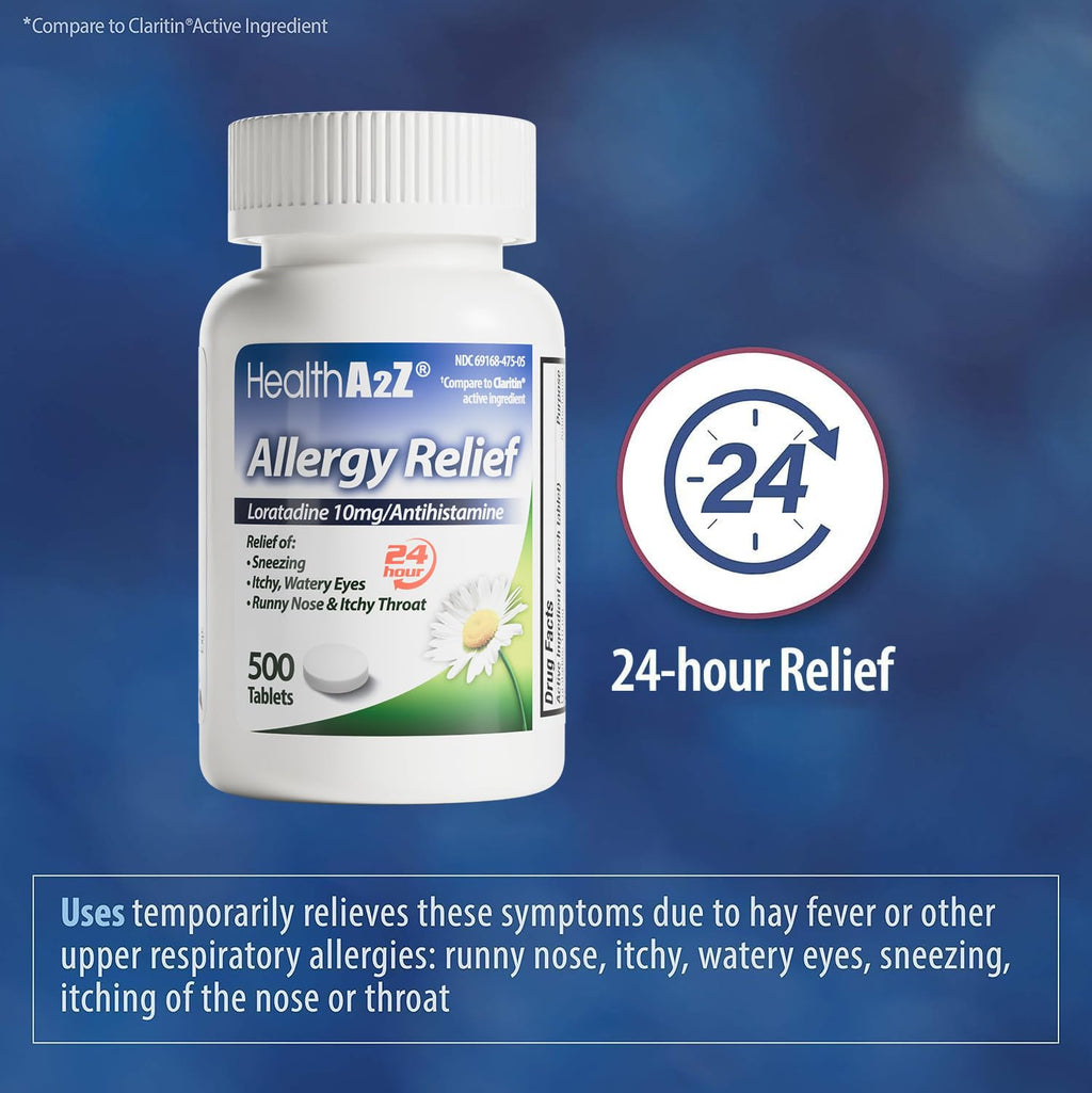 HealthA2Z® Allergy Relief, Loratadine 10mg Antihistamine, 500 Dye Free Tablets, Relief from Itchy Throat, Sneezing, Runny Noses, 24-Hours Allergy Medicine - FENGGESTORE20