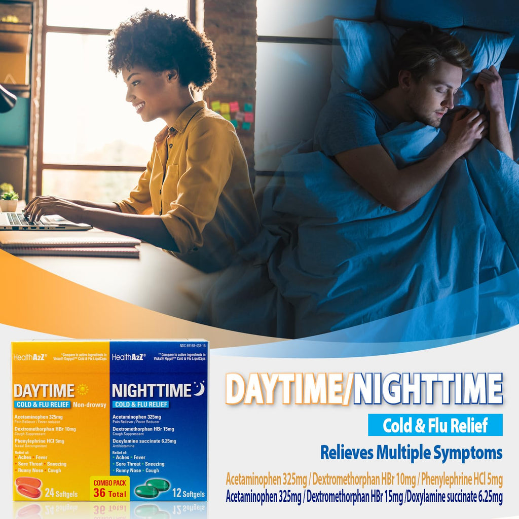 HealthA2Z® Daytime and Nighttime | Cold & Flu Medicine | Powerful Multi-Symptom Relief (24 Daytime & 12 Nighttime Softgels) (Combo (36 Count Pack of 1)) - FENGGESTORE20