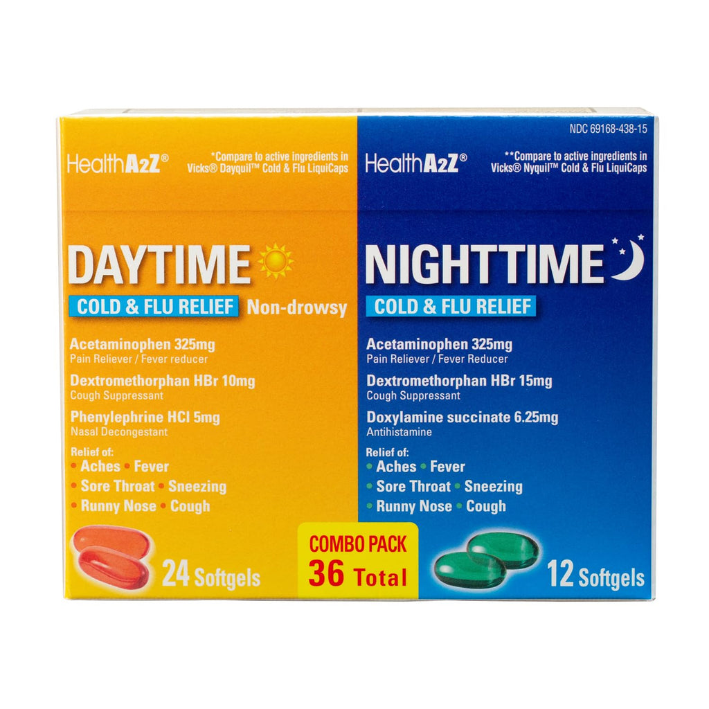HealthA2Z® Daytime and Nighttime | Cold & Flu Medicine | Powerful Multi-Symptom Relief (24 Daytime & 12 Nighttime Softgels) (Combo (36 Count Pack of 1)) - FENGGESTORE20
