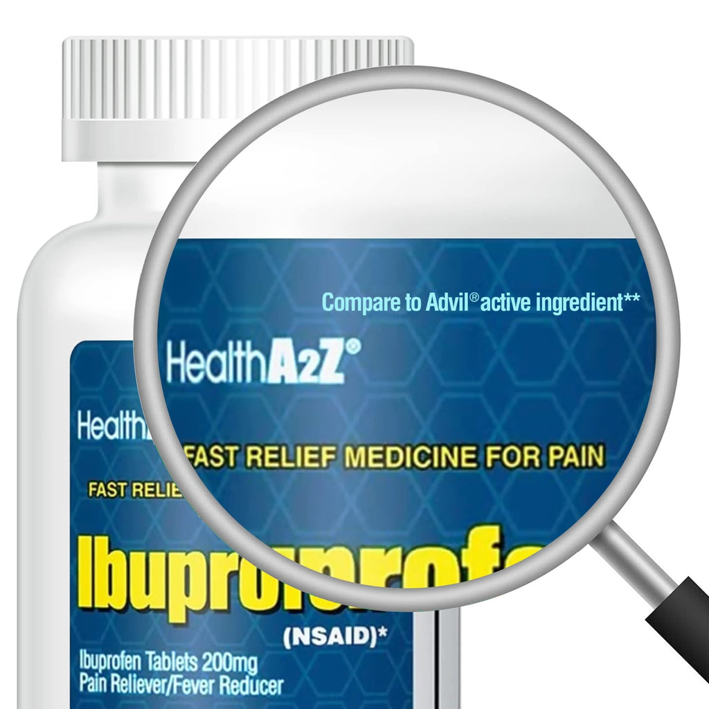 HealthA2Z® Ibuprofen 200mg, NSAID, Pain Reliever, Fever Reducer, Headache, Body Aches, Back Pain, Arthritis, Menstrual Cramps, 500 Caplets - FENGGESTORE20