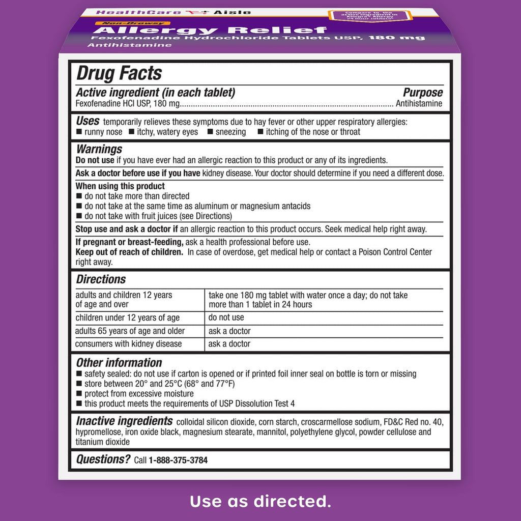 HealthCareAisle Allergy Relief - Fexofenadine Hydrochloride Tablets USP, 180 mg, 90 Tablets, Allergy Medication, Non-Drowsy 24-Hour Relief - FENGGESTORE20