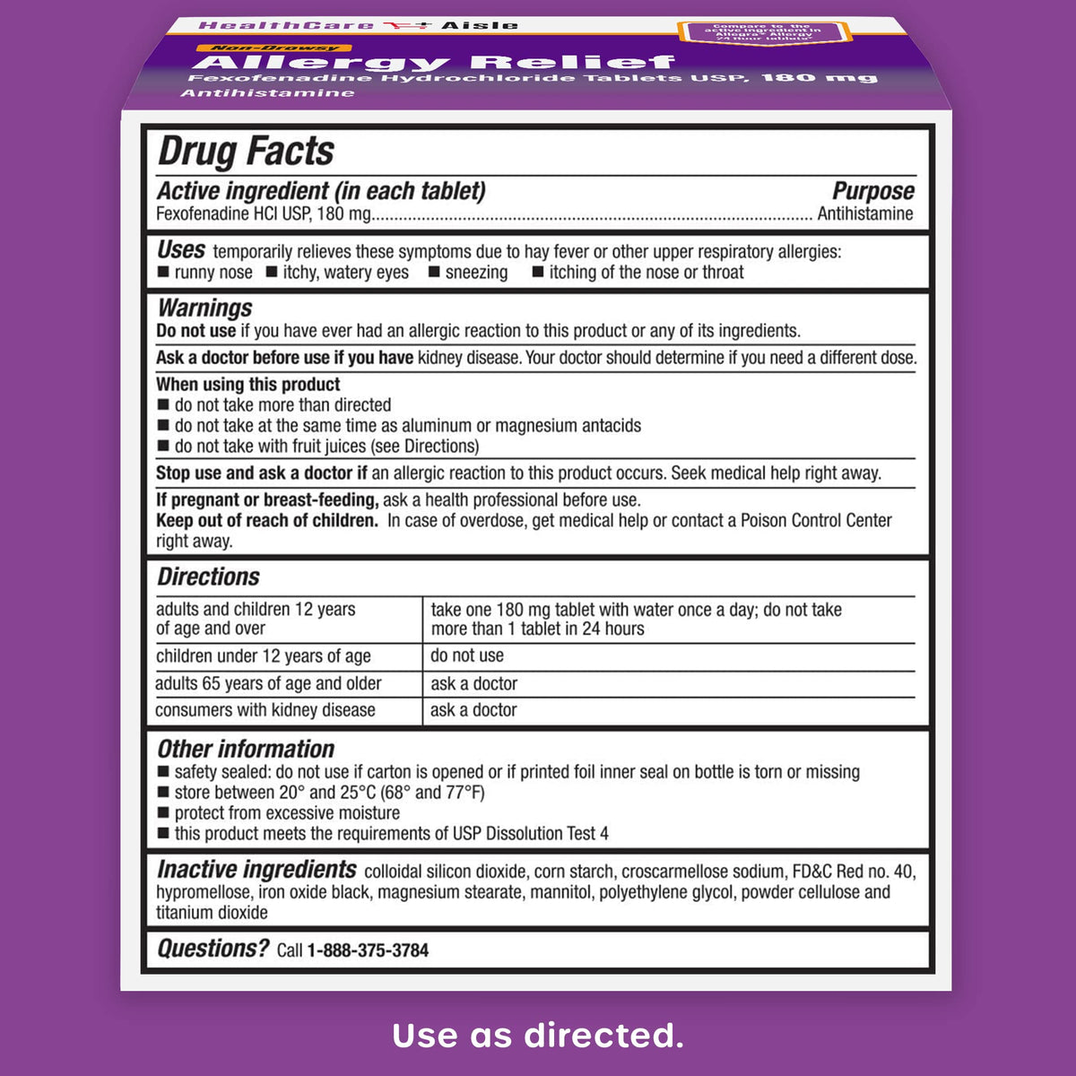 HealthCareAisle Allergy Relief - Fexofenadine Hydrochloride Tablets USP, 180 mg, 90 Tablets, Allergy Medication, Non-Drowsy 24-Hour Relief - FENGGESTORE20