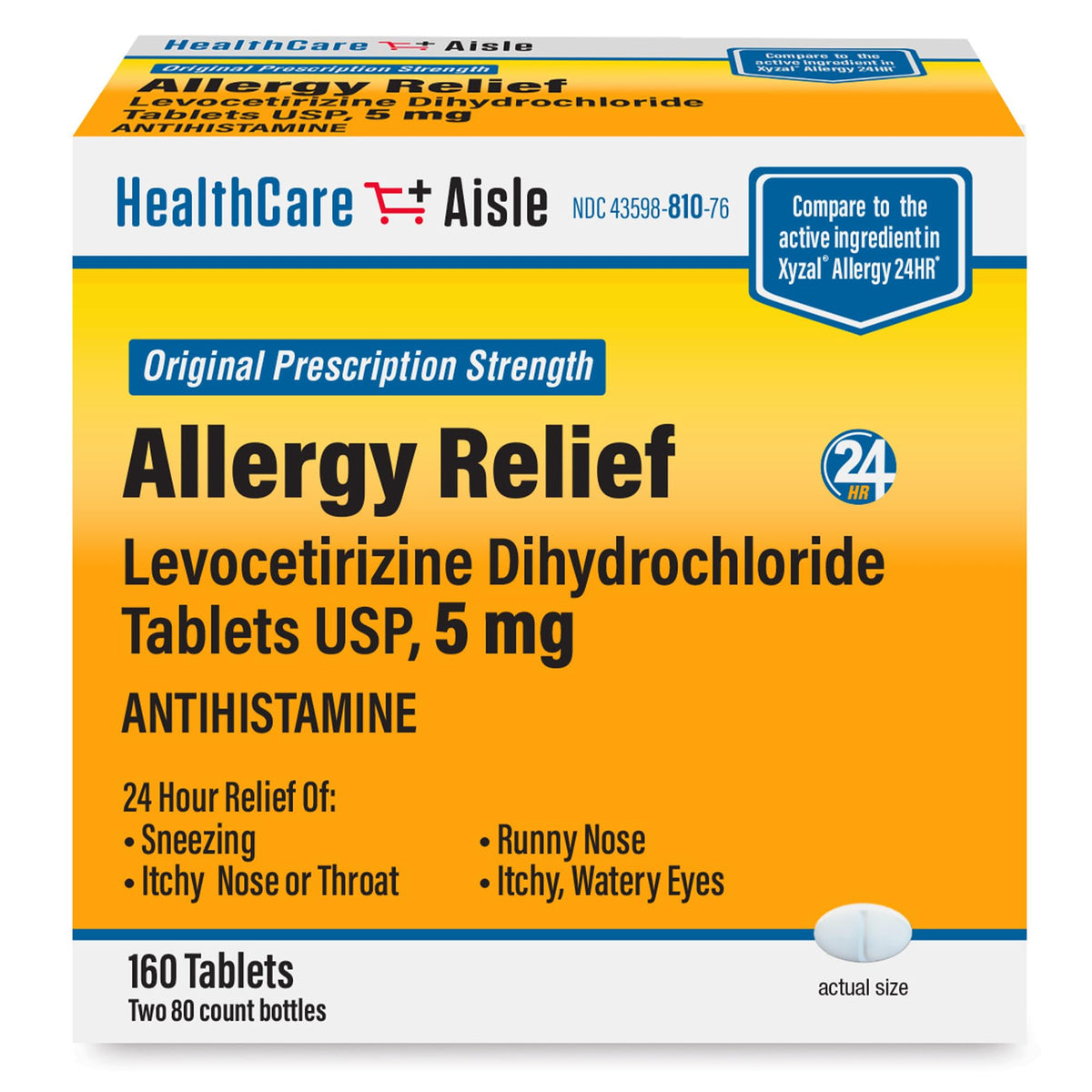 HealthCareAisle Allergy Relief - Levocetirizine Dihydrochloride Tablets USP, 5 mg, 160 Tablets, Original Prescription Strength Allergy Medication, 24-Hour Relief, 80 Count (Pack of 2) - FENGGESTORE20