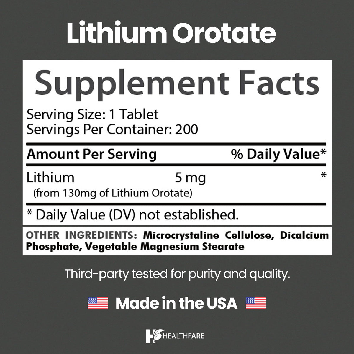HealthFare Lithium Orotate Supplement 130mg | 200 Vegetarian Tablets | High Bioavailability Trace Mineral | Mood, Brain & Memory Support - FENGGESTORE20