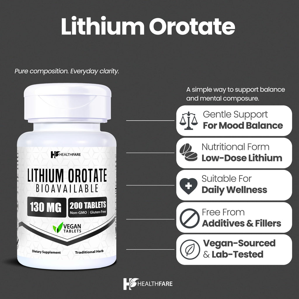 HealthFare Lithium Orotate Supplement 130mg | 200 Vegetarian Tablets | High Bioavailability Trace Mineral | Mood, Brain & Memory Support - FENGGESTORE20