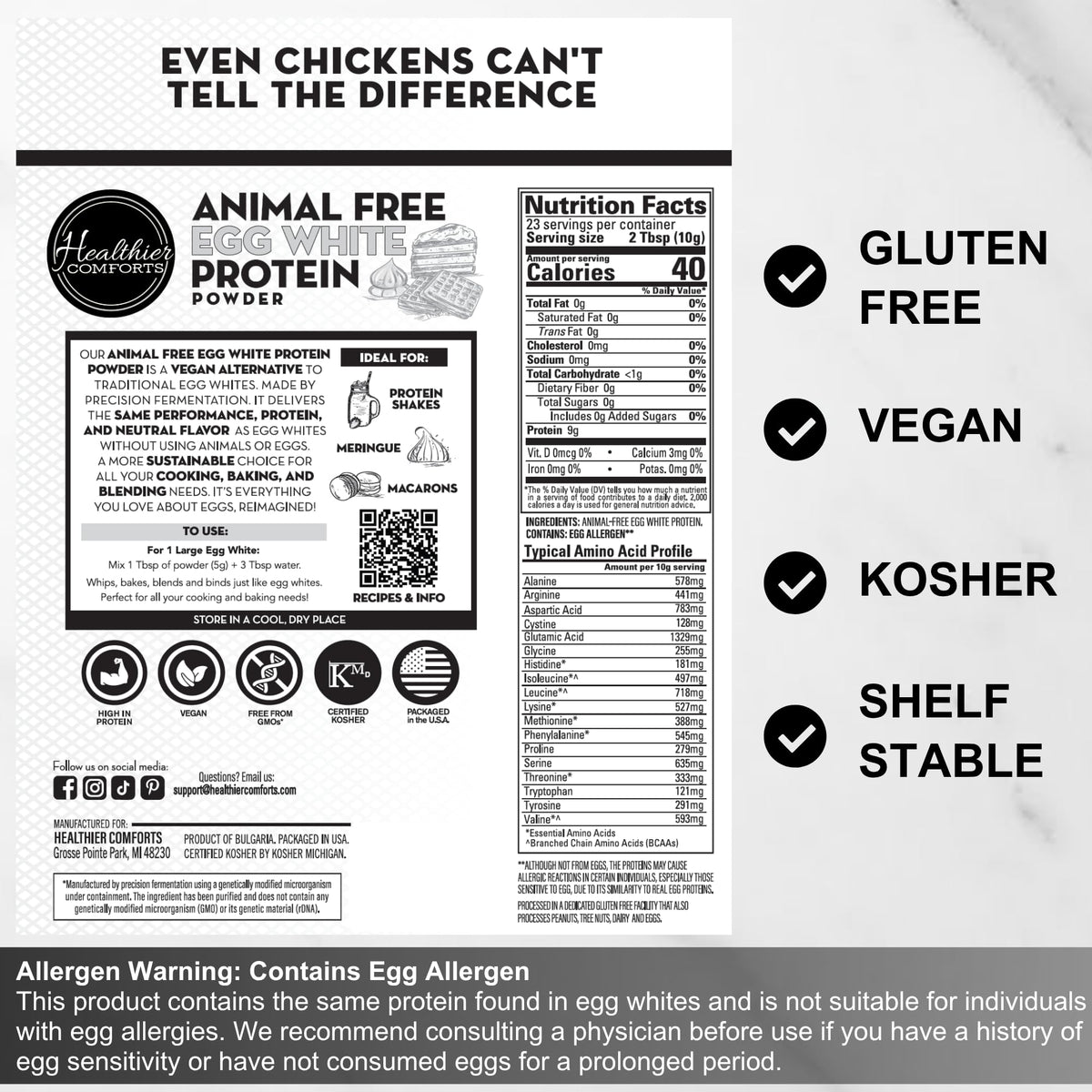 Healthier Comforts Animal-Free Egg White Protein Powder | Make Vegan Egg Omelets, Angel Food Cake, Meringue, Protein Shakes | Whips and Binds Just Like Traditional Egg Whites (8 oz) - FENGGESTORE20