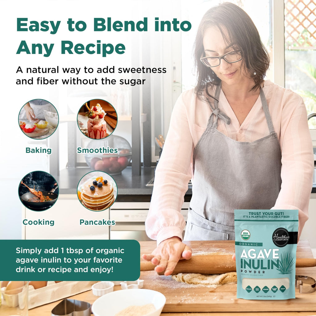 Healthier Comforts Organic Inulin Powder (12 oz) from Blue Agave | Soluble Prebiotic Fiber, Gentle on Digestion, Non-GMO | Perfect for Coffee, Baking & Cooking - FENGGESTORE20