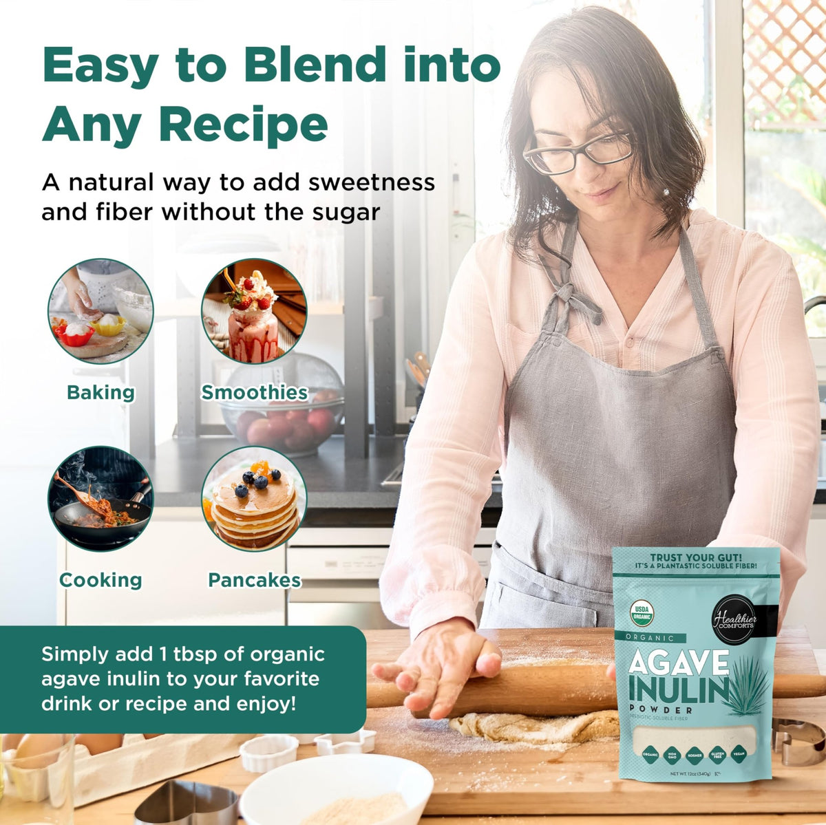 Healthier Comforts Organic Inulin Powder (12 oz) from Blue Agave | Soluble Prebiotic Fiber, Gentle on Digestion, Non-GMO | Perfect for Coffee, Baking & Cooking - FENGGESTORE20