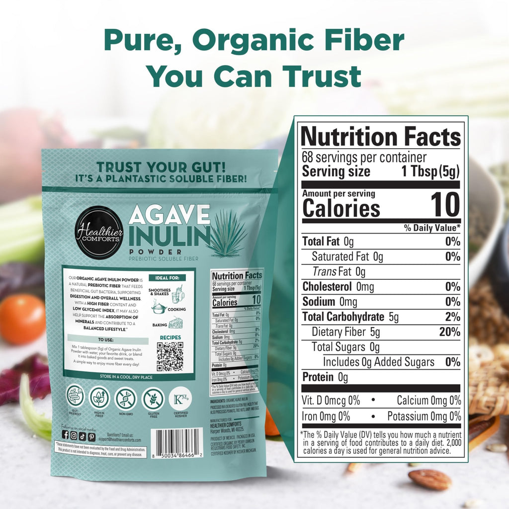 Healthier Comforts Organic Inulin Powder (12 oz) from Blue Agave | Soluble Prebiotic Fiber, Gentle on Digestion, Non-GMO | Perfect for Coffee, Baking & Cooking - FENGGESTORE20