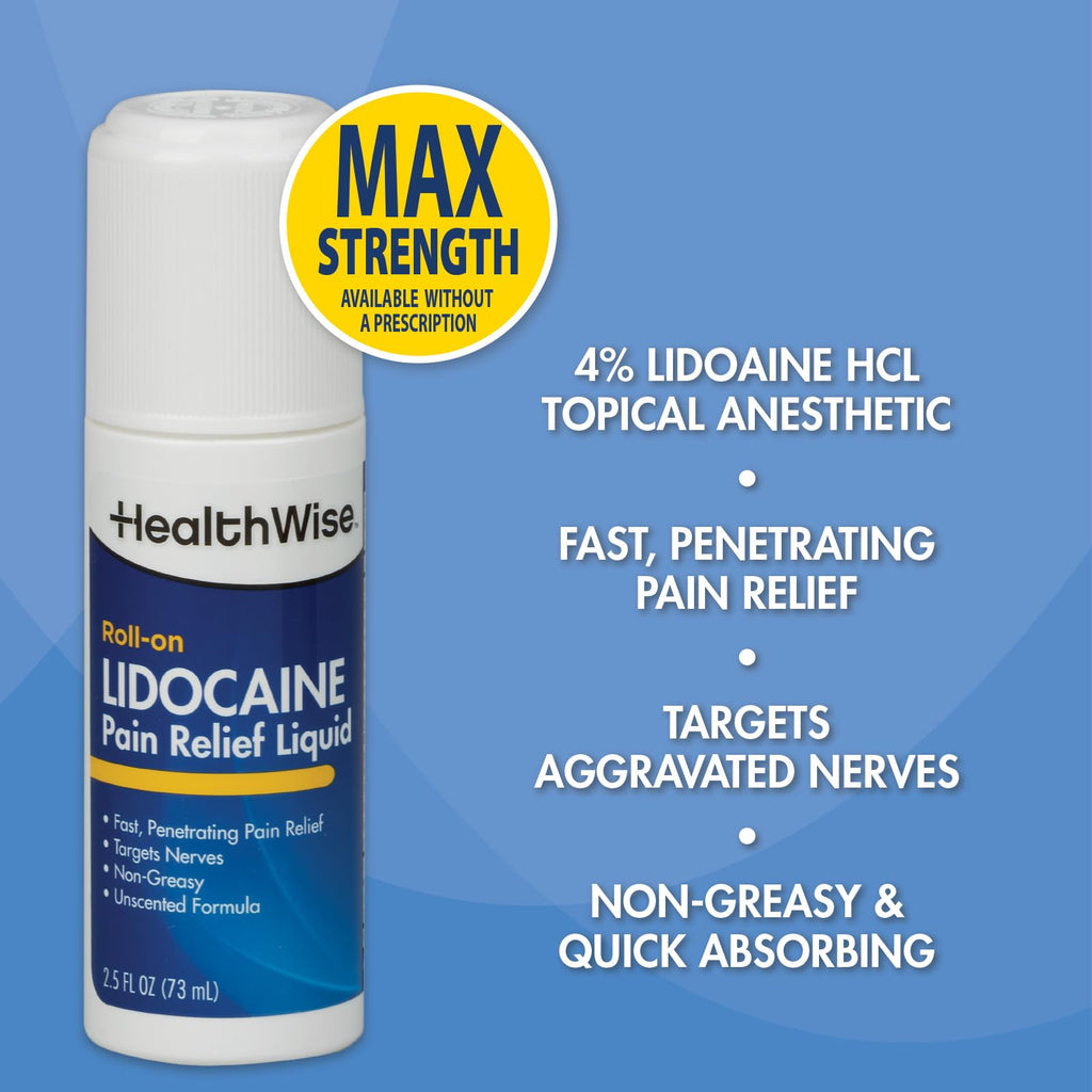 HealthWise 4% Lidocaine Roll-On | OTC Strength | Pain Relief Liquid | 2.5 oz. 73 mL | Non-Greasy, Unscented Formula | Topical Anesthetic - FENGGESTORE20
