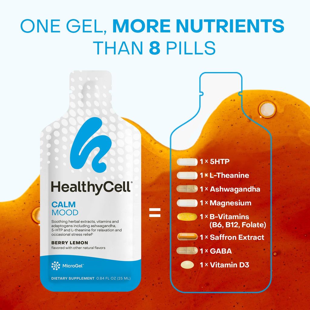 Healthycell Calm Mood Daily Liquid Supplement - Cortisol Manager & Mood Support Supplement for Stress with Ashwagandha, L-Theanine, Magnesium, 5-HTP, GABA & Saffron - 14 Gel Packs - FENGGESTORE20