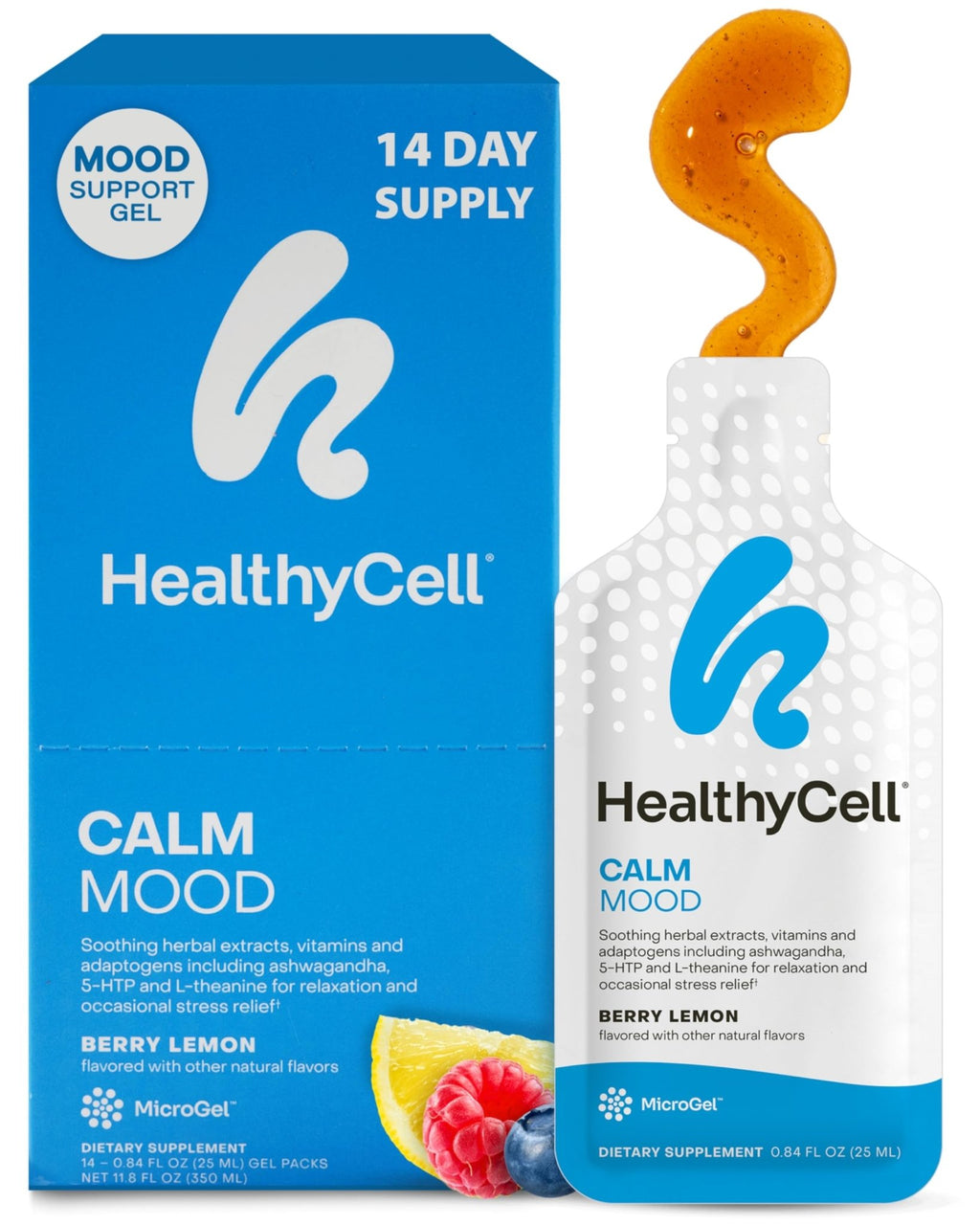 Healthycell Calm Mood Daily Liquid Supplement - Cortisol Manager & Mood Support Supplement for Stress with Ashwagandha, L-Theanine, Magnesium, 5-HTP, GABA & Saffron - 14 Gel Packs - FENGGESTORE20