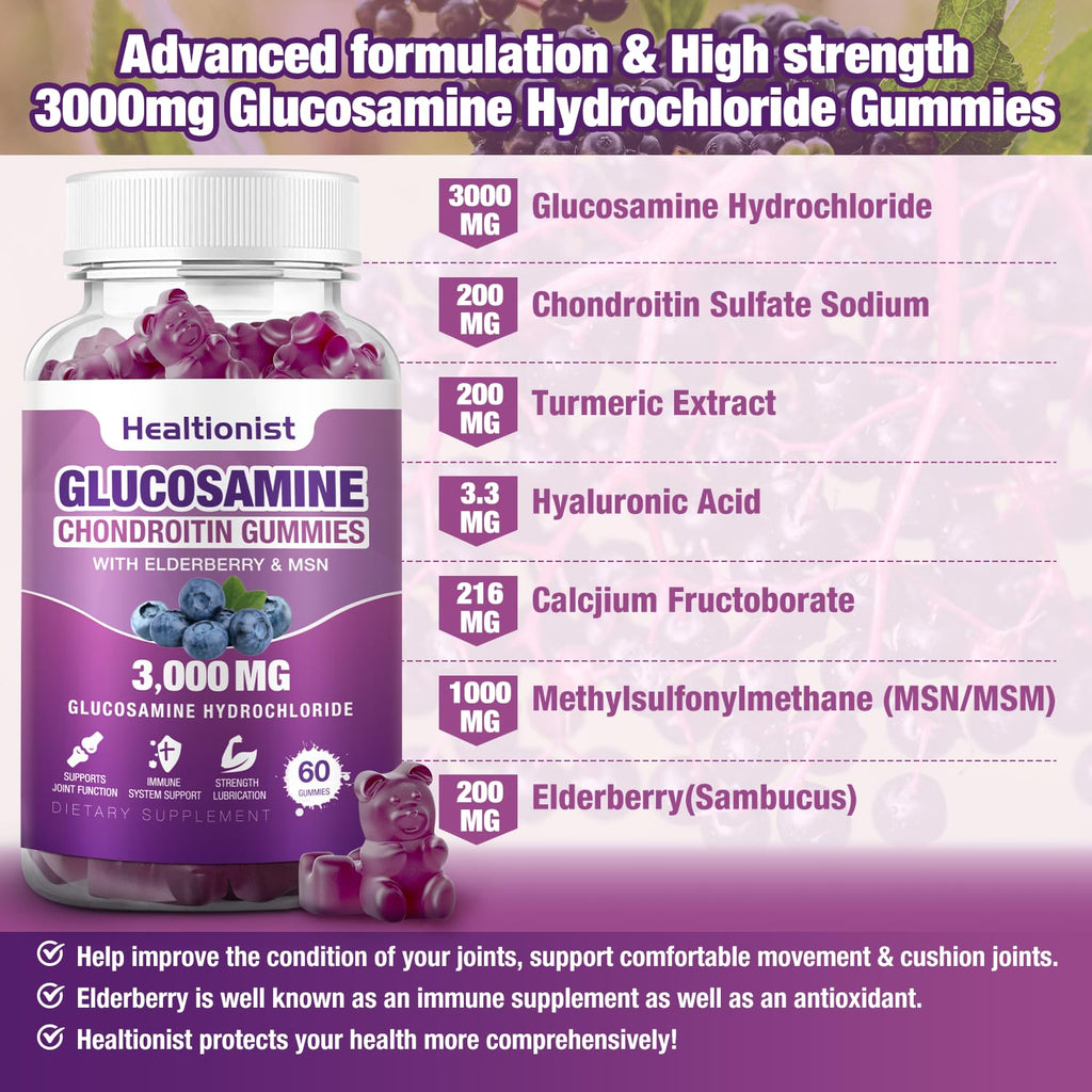 Healtionist 2 Packs 3000mg Glucosamine Chondroitin Gummies with MSM & Elderberry - FENGGESTORE20
