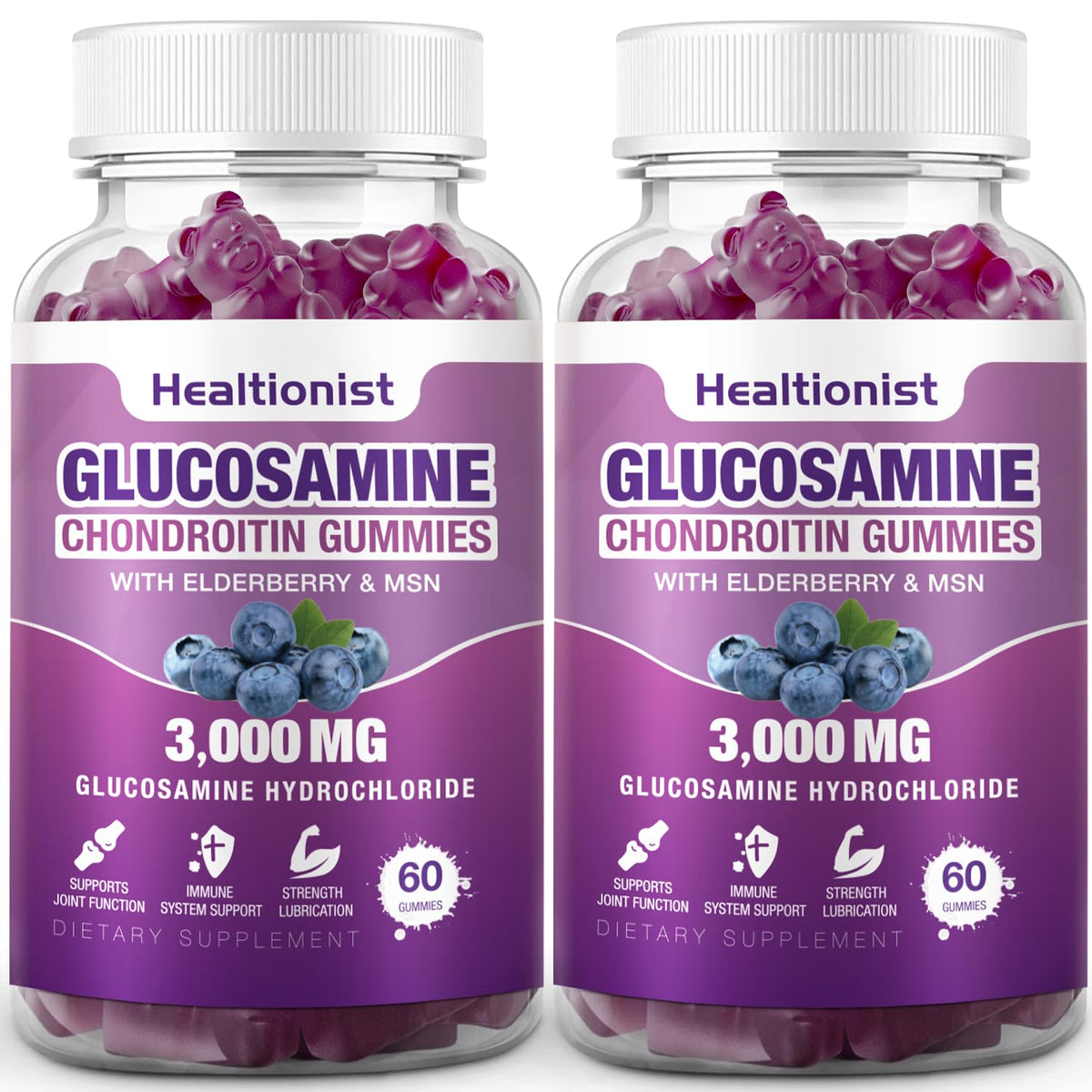Healtionist 2 Packs 3000mg Glucosamine Chondroitin Gummies with MSM & Elderberry - FENGGESTORE20