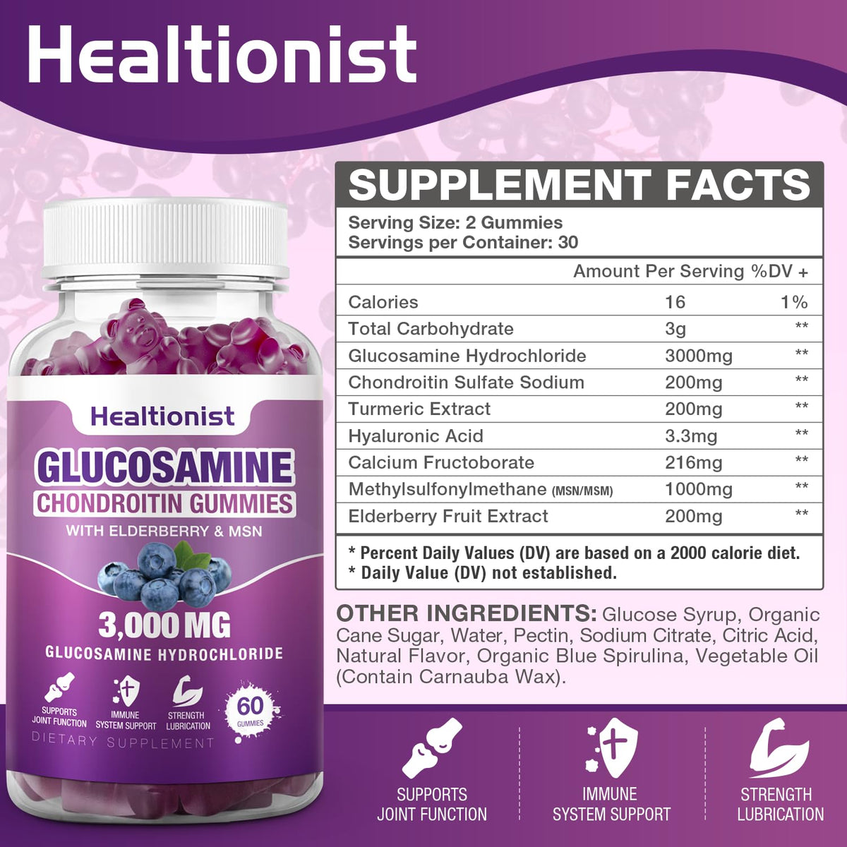 Healtionist 2 Packs 3000mg Glucosamine Chondroitin Gummies with MSM & Elderberry - FENGGESTORE20