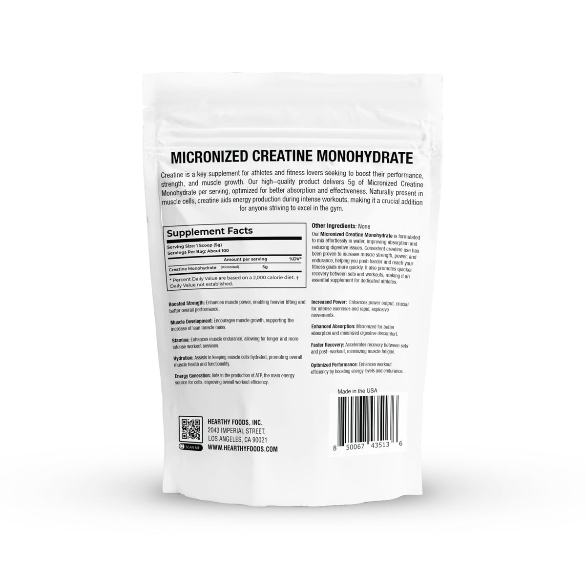 HEARTHY FOODS Creatine Monohydrate Micronized Powder 500G - 100 Servings, 5000mg Per Serving (5g) - for Men & Women Muscle Growth - FENGGESTORE20