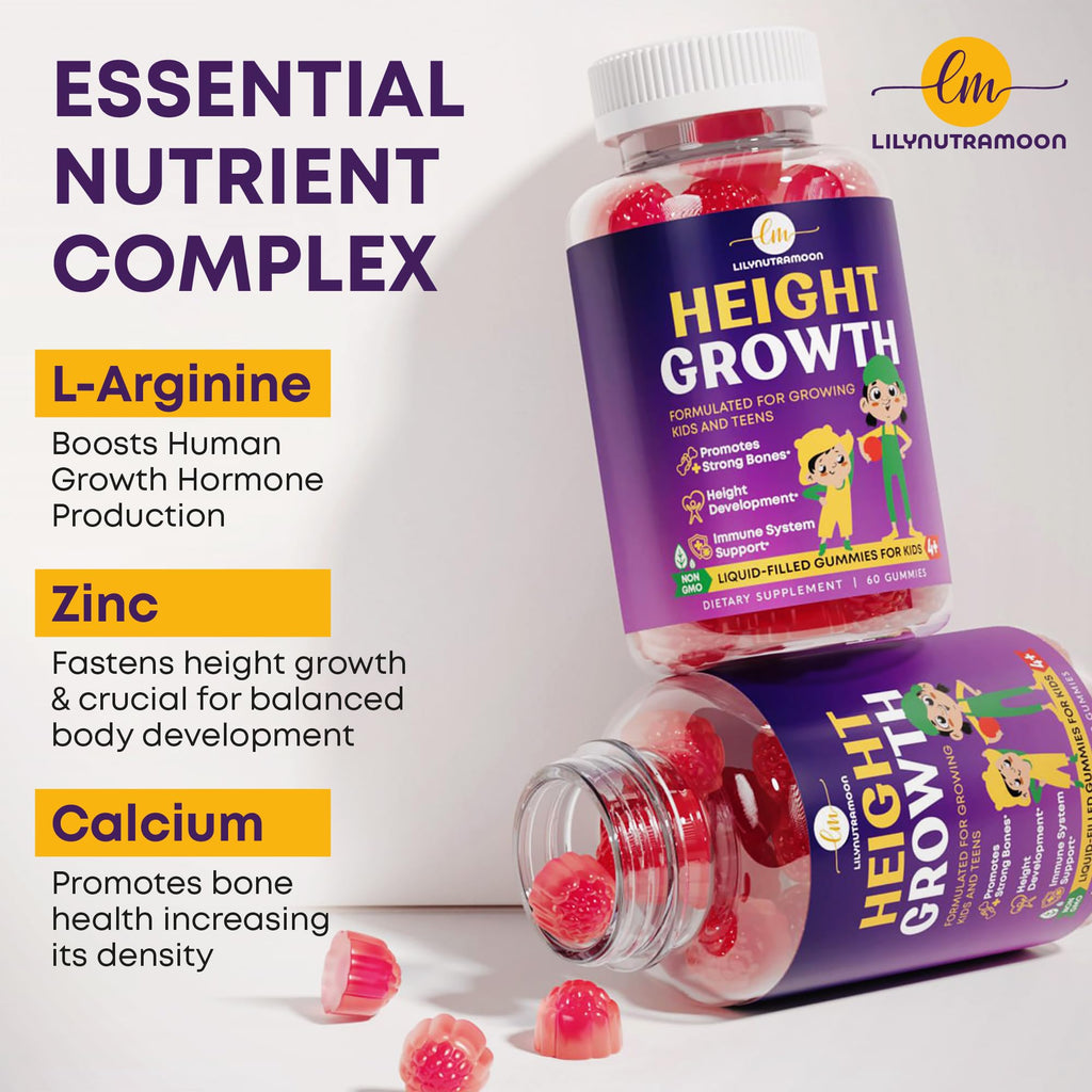 Height Growth Gummies for Kids & Teens - Calcium, Vitamin D3 + K2, Zinc, Magnesium, L-Arginine, Vitamin C - Multivitamin for Teen Boys & Girls - Grow Taller Supplement for Kids Height - 60 Gummies - FENGGESTORE20