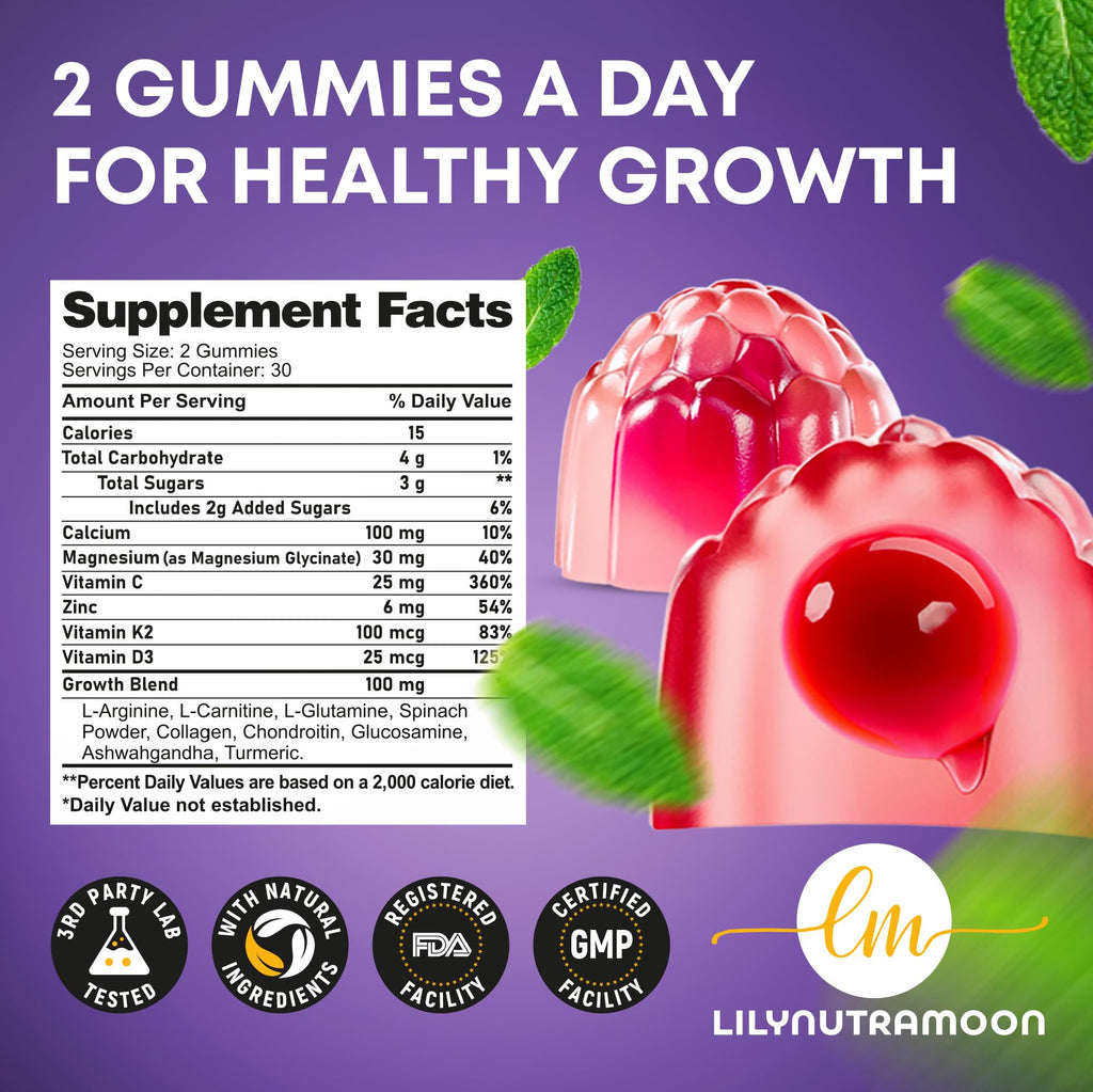 Height Growth Gummies for Kids & Teens - Calcium, Vitamin D3 + K2, Zinc, Magnesium, L-Arginine, Vitamin C - Multivitamin for Teen Boys & Girls - Grow Taller Supplement for Kids Height - 60 Gummies - FENGGESTORE20