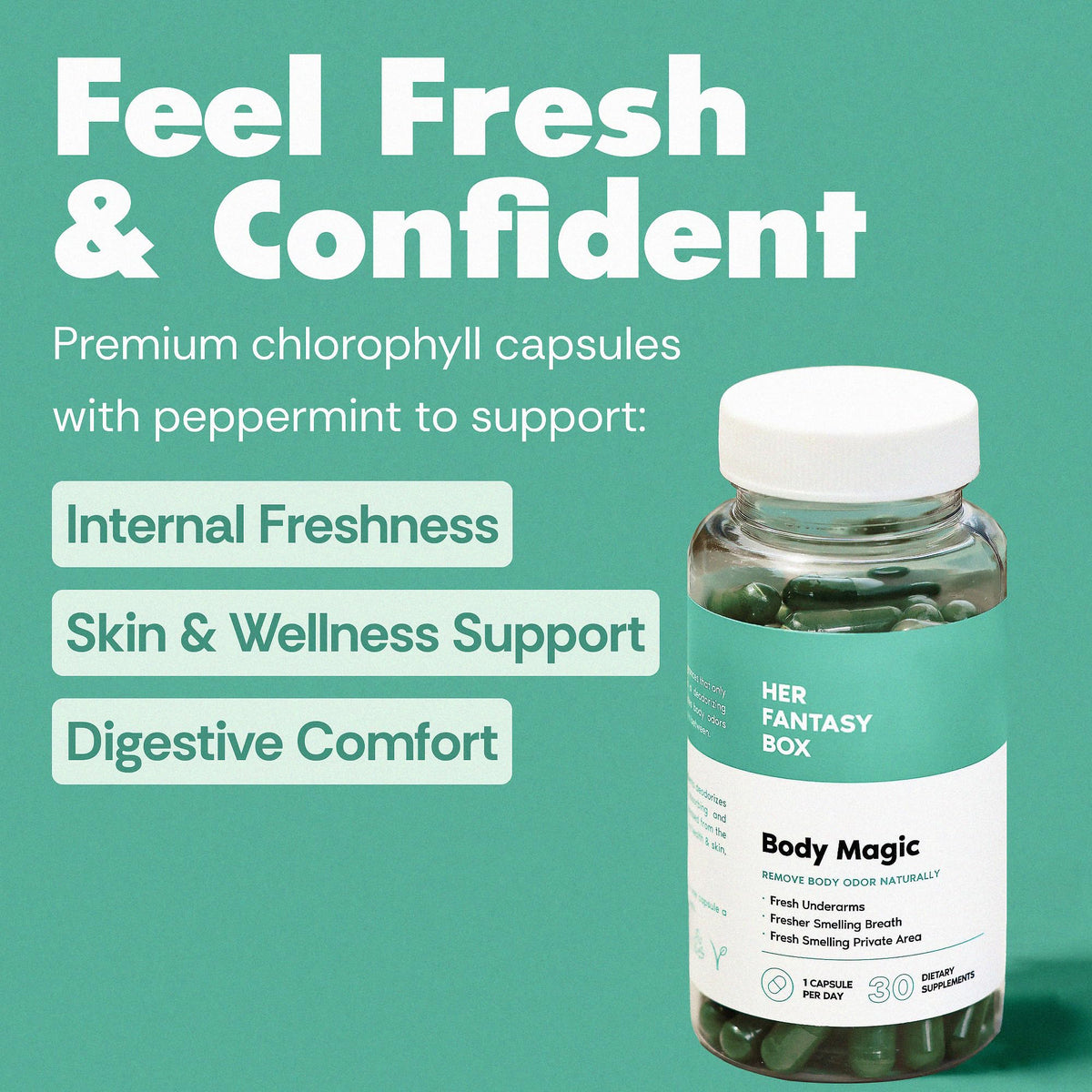 Her Fantasy Box | Body Magic | Chlorophyll Capsules - 30 Vegan Capsules for Detox, Digestion, Gut Health, Skin Support - FENGGESTORE20