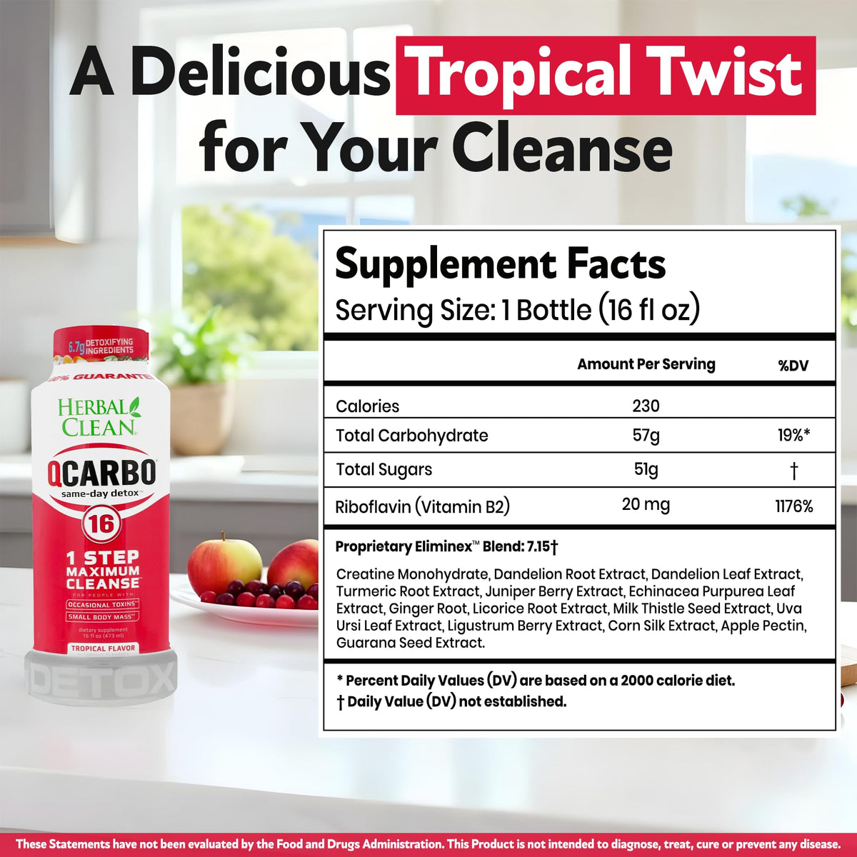 Herbal Clean Qcarbo16 Same-Day Detox Cleanse Drink (16 fl oz) - Tropical Flavor Full Body Cleanse* Detox Drink for Moderate Toxin Level* - FENGGESTORE20