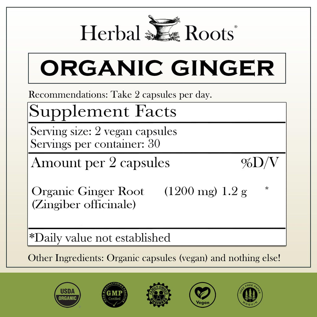 Herbal Roots Ginger Supplement | Organic Ginger Root Capsules | 1,200 mg of Pure Ginger Powder per Serving | 60 Vegan Capsules - FENGGESTORE20