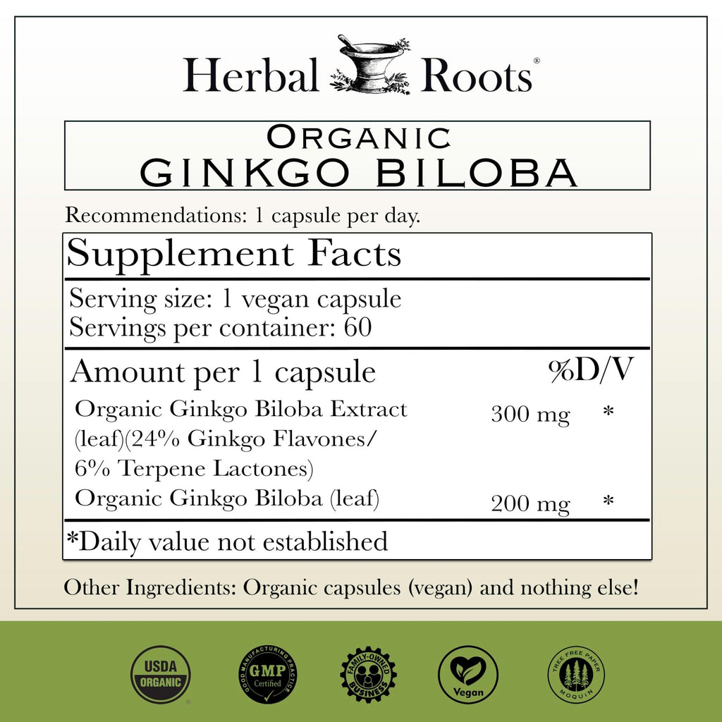 Herbal Roots Organic Ginkgo Biloba Made with Pure Organic Ginkgo Leaf and Extract - 60 Vegan Capsules - FENGGESTORE20