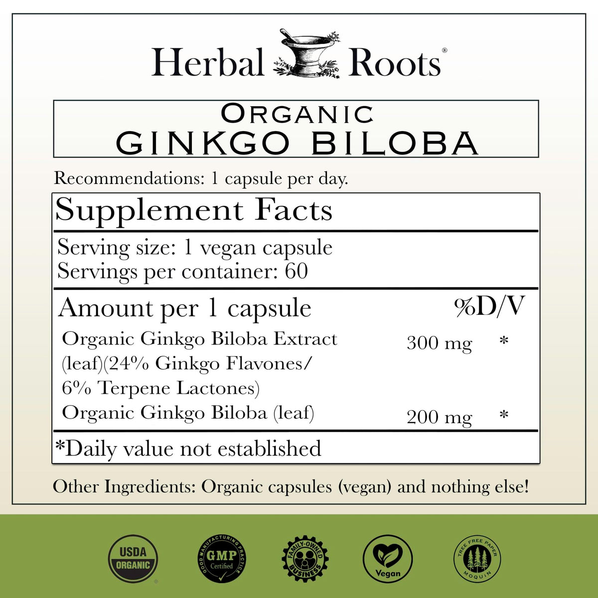 Herbal Roots Organic Ginkgo Biloba Made with Pure Organic Ginkgo Leaf and Extract - 60 Vegan Capsules - FENGGESTORE20