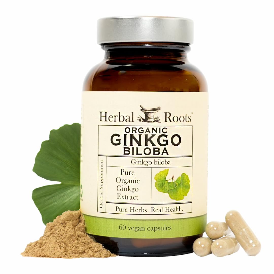 Herbal Roots Organic Ginkgo Biloba Made with Pure Organic Ginkgo Leaf and Extract - 60 Vegan Capsules - FENGGESTORE20