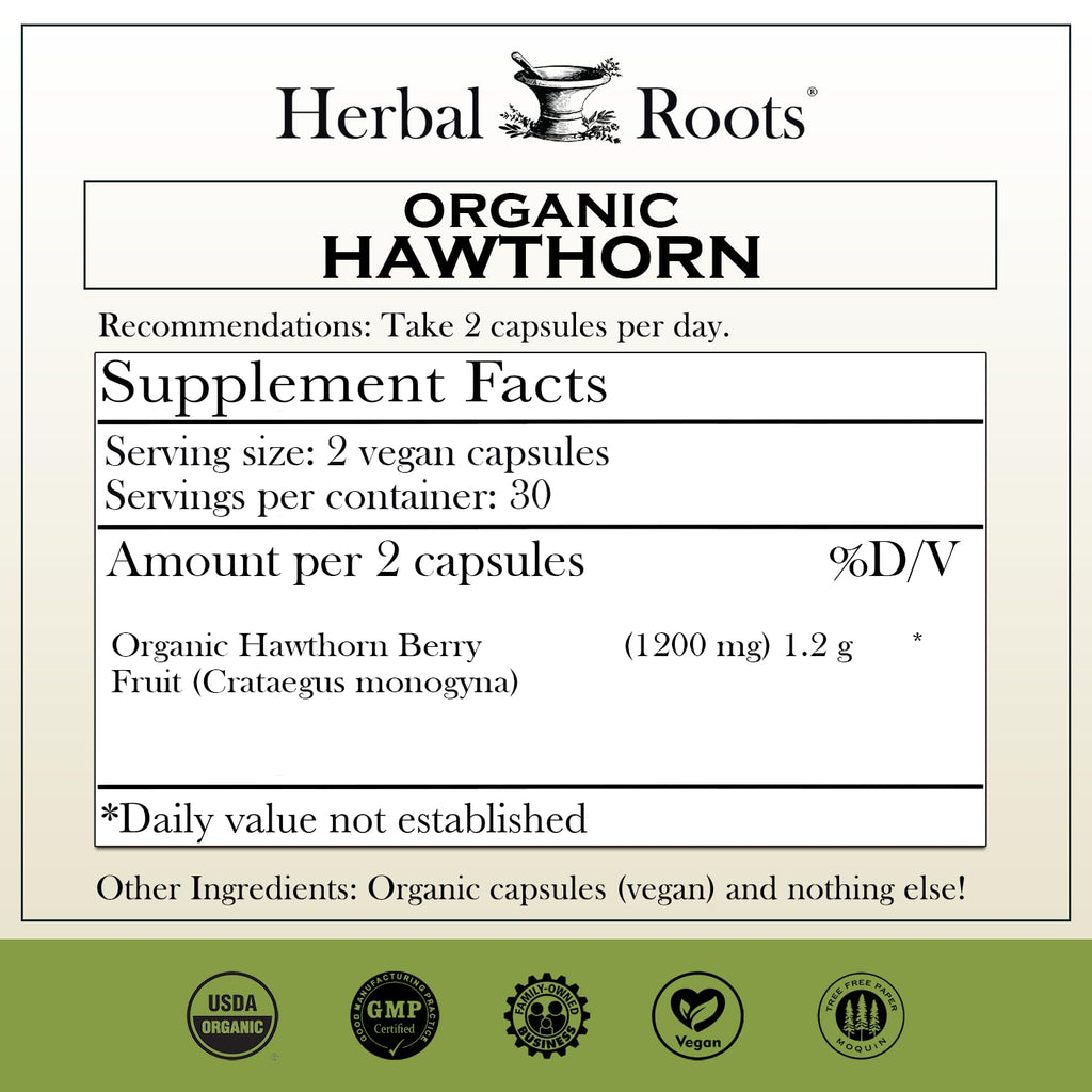 Herbal Roots Organic Hawthorn Berry Capsules | Extra Strength 1,200mg per Serving | 60 Vegan Capsules - FENGGESTORE20