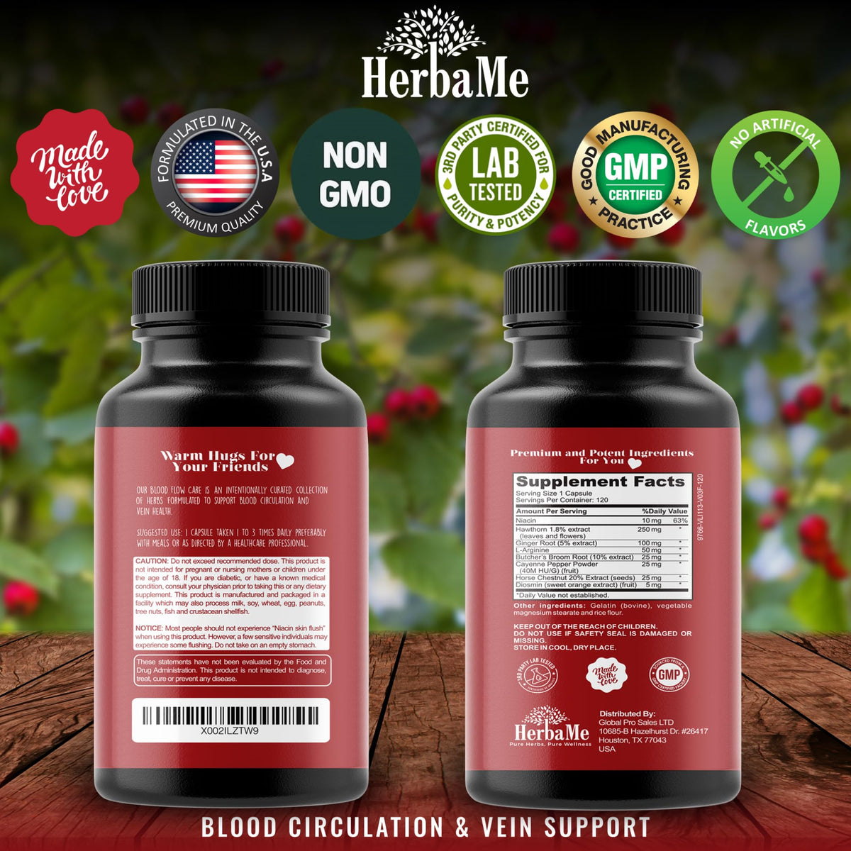HerbaMe Blood Circulation Supplement, 120 Capsules, Supports Leg Vein, Heart, Vessels and Cardiovascular Health with Niacin, L-Arginine, Ginger, Cayenne Pepper - FENGGESTORE20