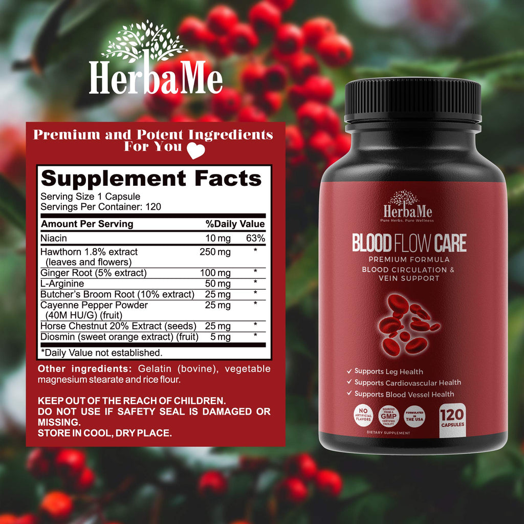 HerbaMe Blood Circulation Supplement, 120 Capsules, Supports Leg Vein, Heart, Vessels and Cardiovascular Health with Niacin, L-Arginine, Ginger, Cayenne Pepper - FENGGESTORE20