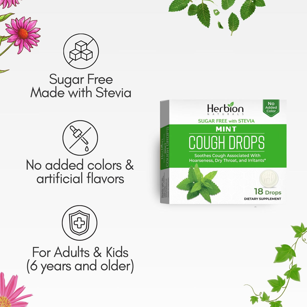 HERBION Naturals Cough Drops, Sugar Free with Stevia, Dietary Supplement, Soothes Cough, for Adults & Children Over 6 Years, 18 Count, Mint, Pack of 1 - FENGGESTORE20