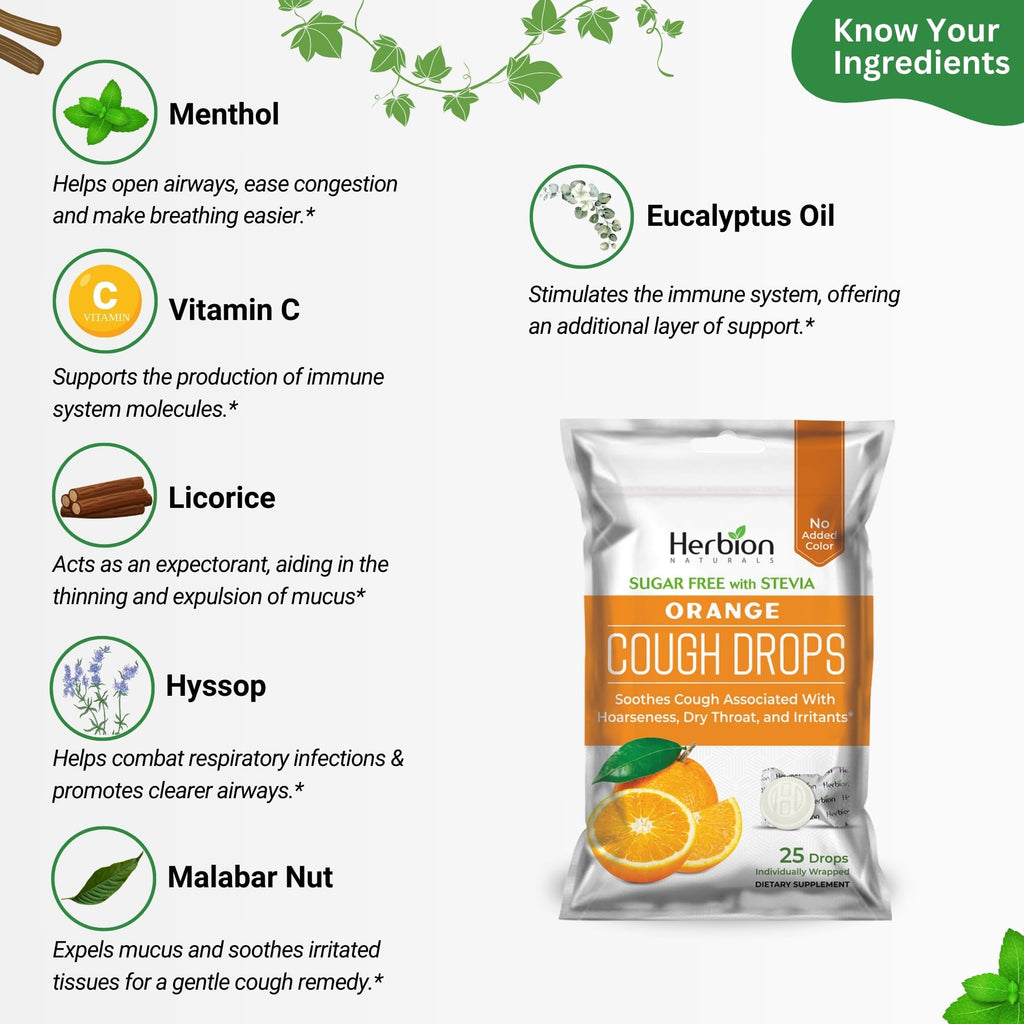 HERBION Naturals Cough Drops with Orange Flavor, Sugar-Free with Stevia, Soothes Cough, for Adults and Children Over 6 Years – Pack of 5(125 Lozenges) - FENGGESTORE20