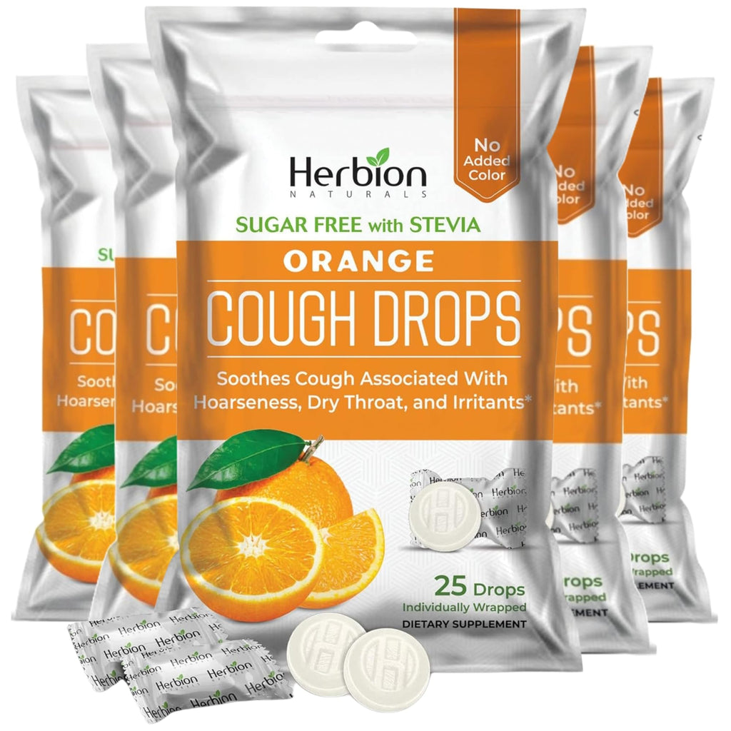 HERBION Naturals Cough Drops with Orange Flavor, Sugar-Free with Stevia, Soothes Cough, for Adults and Children Over 6 Years – Pack of 5(125 Lozenges) - FENGGESTORE20