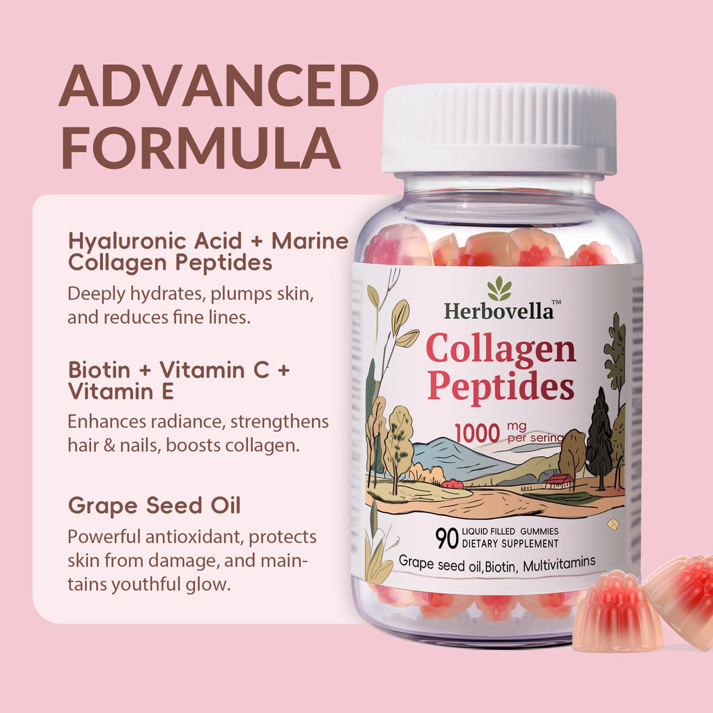 Herbovella Marine Collagen Peptides Gummies for Women- Hydrolyzed Collagen Peptides 1000mg with Biotin, Vitamins, Hyaluronic Acid- for Skin Hair Nails -Sugar Free, 30 Servings, Peach Flavor - FENGGESTORE20
