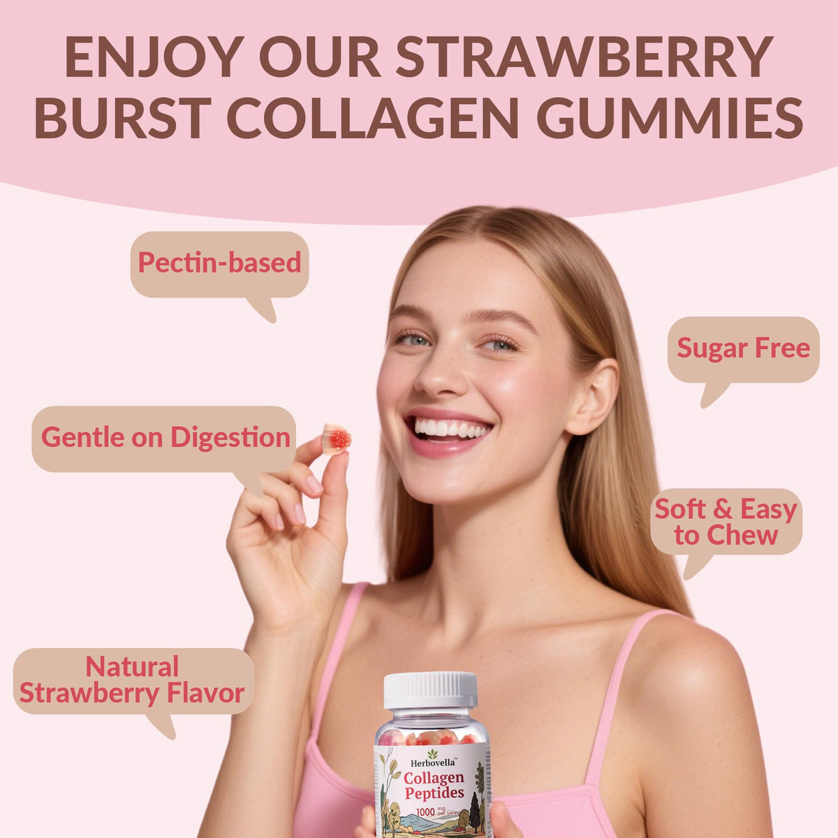 Herbovella Marine Collagen Peptides Gummies for Women- Hydrolyzed Collagen Peptides 1000mg with Biotin, Vitamins, Hyaluronic Acid- for Skin Hair Nails -Sugar Free, 30 Servings, Peach Flavor - FENGGESTORE20