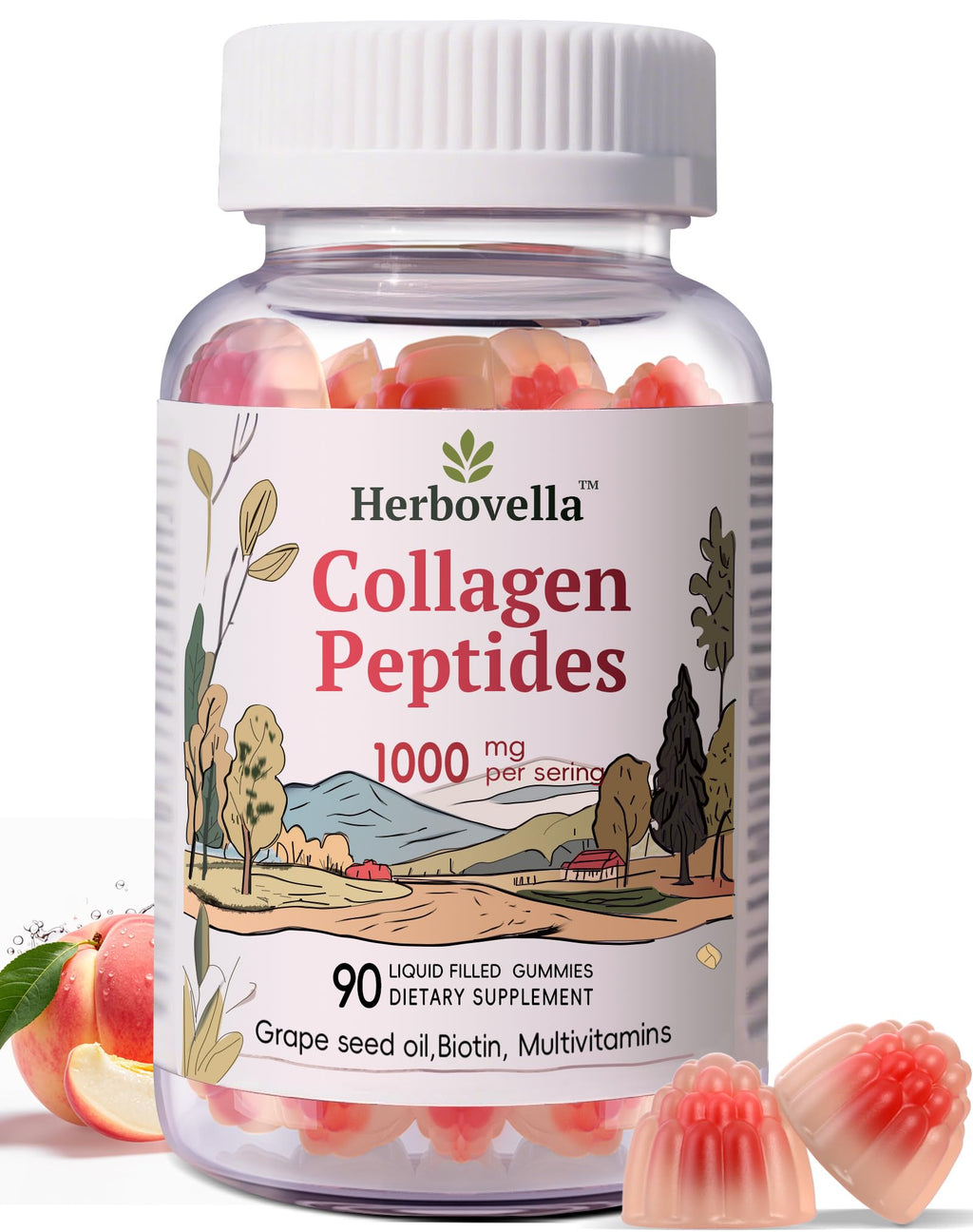 Herbovella Marine Collagen Peptides Gummies for Women- Hydrolyzed Collagen Peptides 1000mg with Biotin, Vitamins, Hyaluronic Acid- for Skin Hair Nails -Sugar Free, 30 Servings, Peach Flavor - FENGGESTORE20