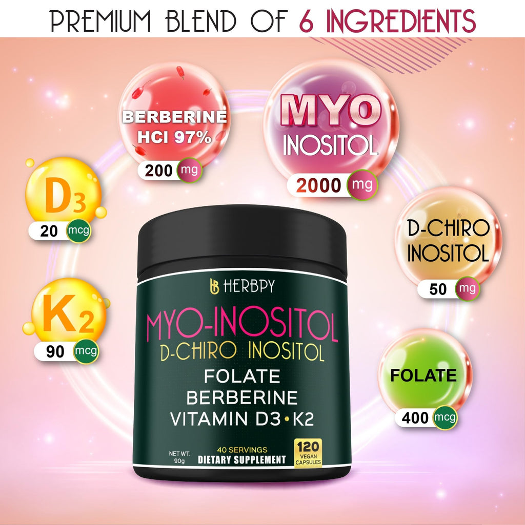 Herbpy 6in1 Premium 40:1 Myo-Inositol & D-Chiro Inositol Supplement for Women with Folate, Berberine HCl 97%, Vitamin D3 & K2 - Hormonal Balance & Ovarian Health Support- 120 Vegan Capsules - FENGGESTORE20