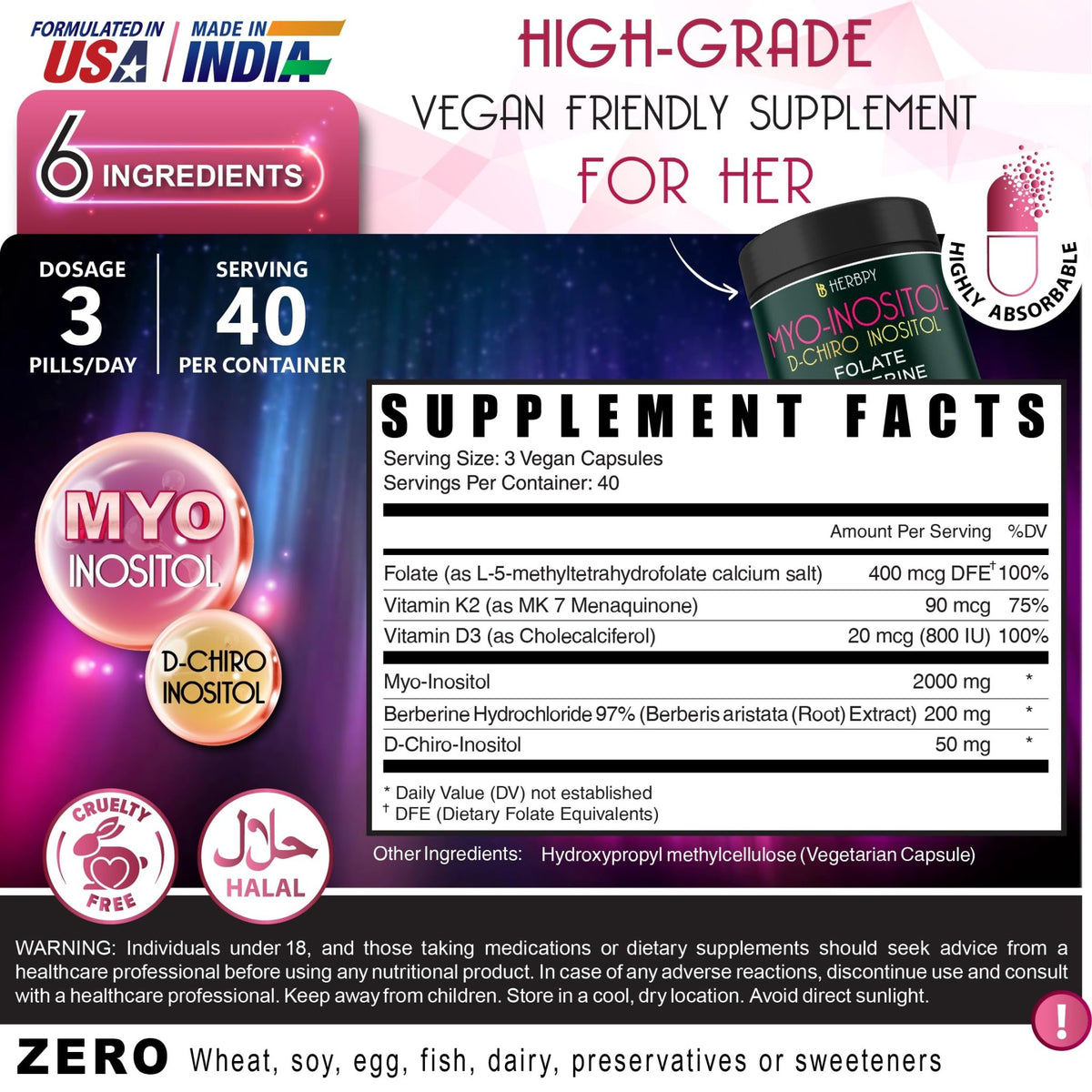 Herbpy 6in1 Premium 40:1 Myo-Inositol & D-Chiro Inositol Supplement for Women with Folate, Berberine HCl 97%, Vitamin D3 & K2 - Hormonal Balance & Ovarian Health Support- 120 Vegan Capsules - FENGGESTORE20