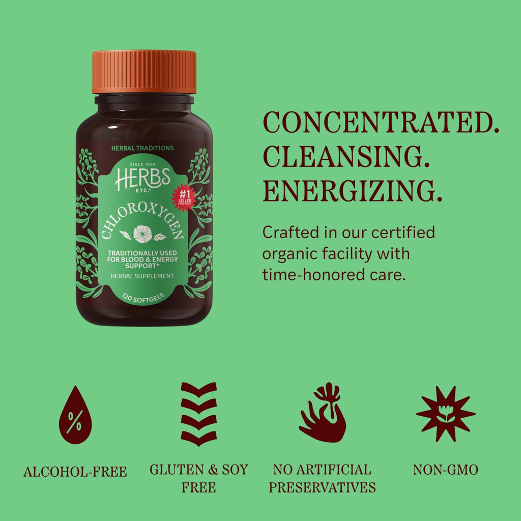 Herbs Etc. ChlorOxygen Chlorophyll Concentrate Softgels - High-Potency Chlorophyll for Detoxification Support - Deodorizing - Skin, Gut - FENGGESTORE20