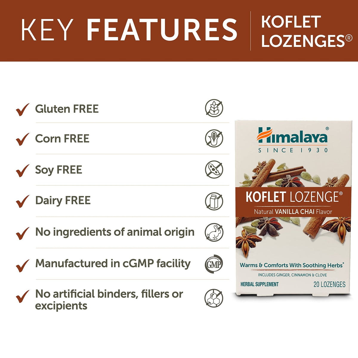 Himalaya Koflet Lozenges, Vanilla Chai Flavor, Natural Herbal Cough Drop for Warming Relief and Soothing Comfort, 130 mg, 20 Lozenge - FENGGESTORE20