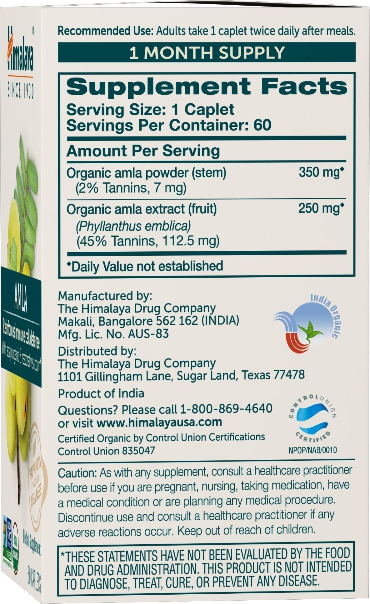 Himalaya Organic Amla - Herbal Immune Support Supplement with Adaptogen and Antioxidant - USDA Organic, Vegan, Non-GMO, Gluten Free, 600 mg, 60 Caplets - FENGGESTORE20