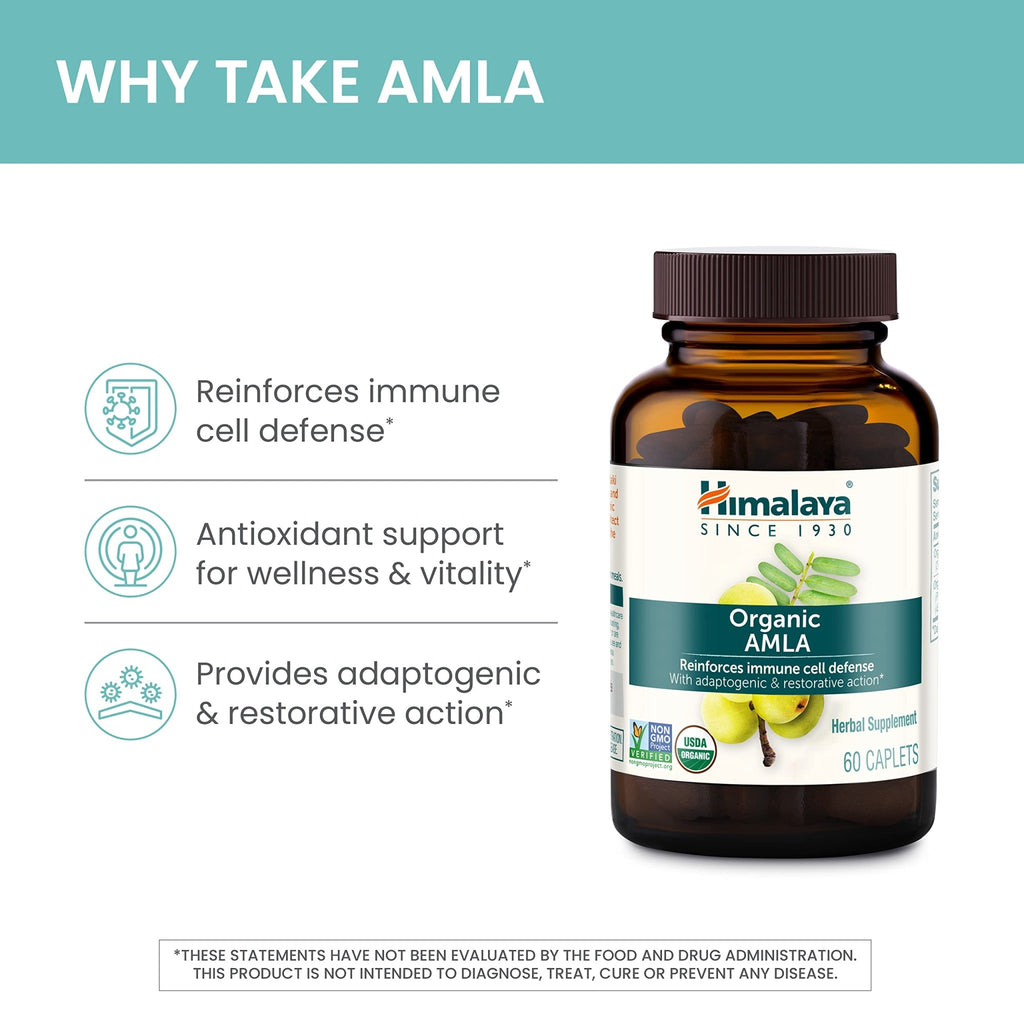 Himalaya Organic Amla - Herbal Immune Support Supplement with Adaptogen and Antioxidant - USDA Organic, Vegan, Non-GMO, Gluten Free, 600 mg, 60 Caplets - FENGGESTORE20