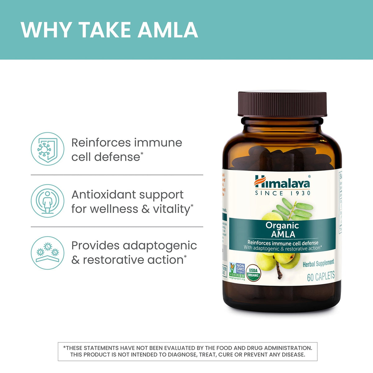 Himalaya Organic Amla - Herbal Immune Support Supplement with Adaptogen and Antioxidant - USDA Organic, Vegan, Non-GMO, Gluten Free, 600 mg, 60 Caplets - FENGGESTORE20