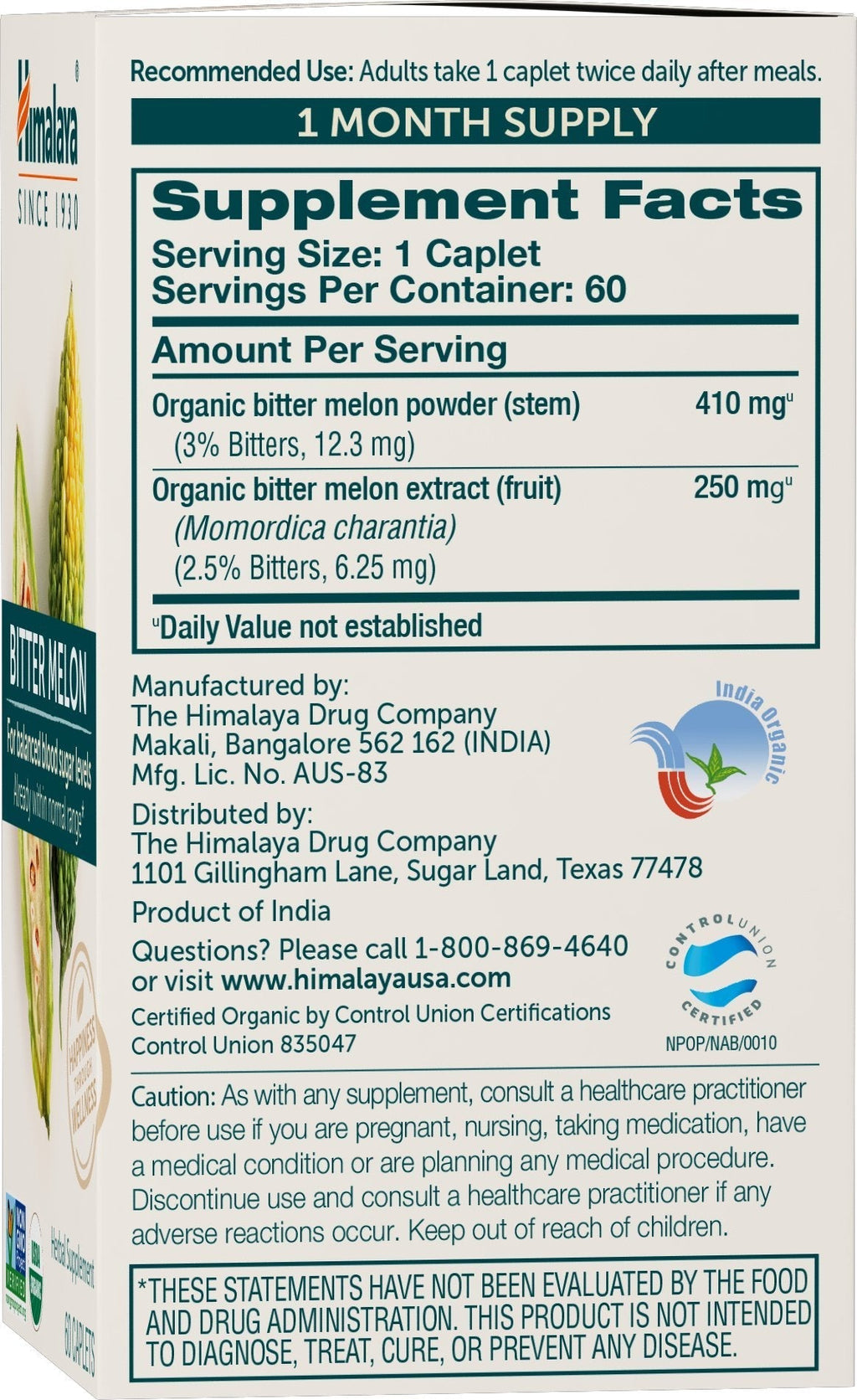 Himalaya Organic Bitter Melon - Herbal Glucose Metabolism Support - USDA Organic, Non-GMO, Vegan, Gluten Free - FENGGESTORE20