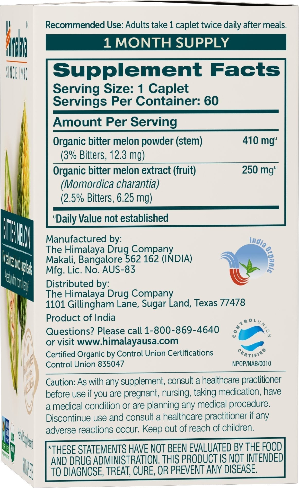 Himalaya Organic Bitter Melon - Herbal Glucose Metabolism Support - USDA Organic, Non-GMO, Vegan, Gluten Free - FENGGESTORE20