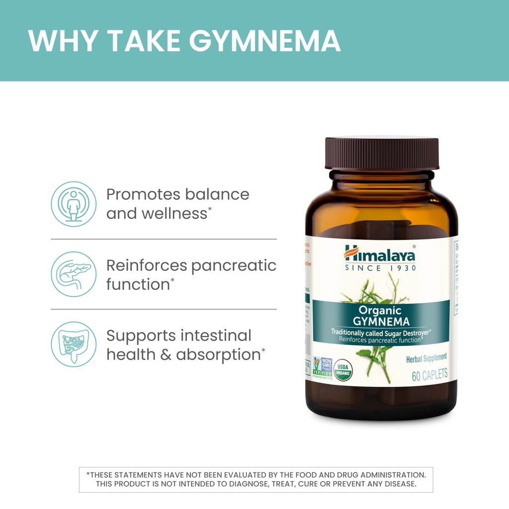 Himalaya Organic Gymnema Sylvestre – Herbal Glucose Metabolism Support - USDA Organic, Non-GMO, Vegan, Gluten Free, Additive Free, 700 mg, 60 Caplets - FENGGESTORE20
