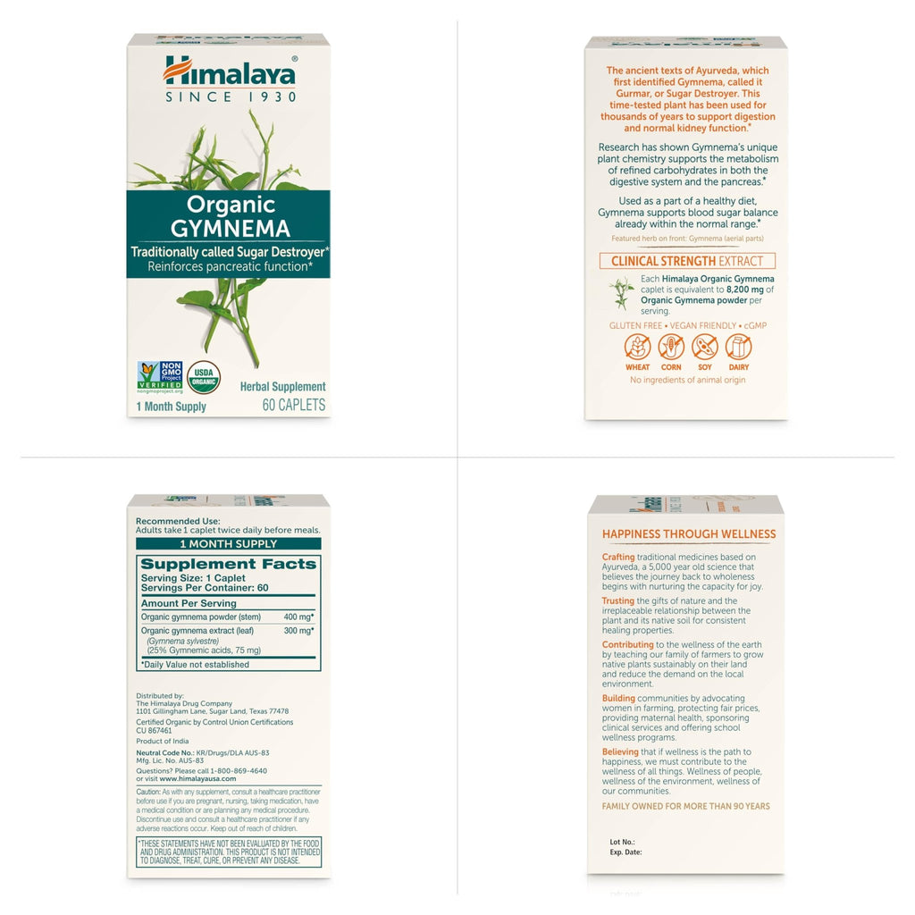 Himalaya Organic Gymnema Sylvestre – Herbal Glucose Metabolism Support - USDA Organic, Non-GMO, Vegan, Gluten Free, Additive Free, 700 mg, 60 Caplets - FENGGESTORE20