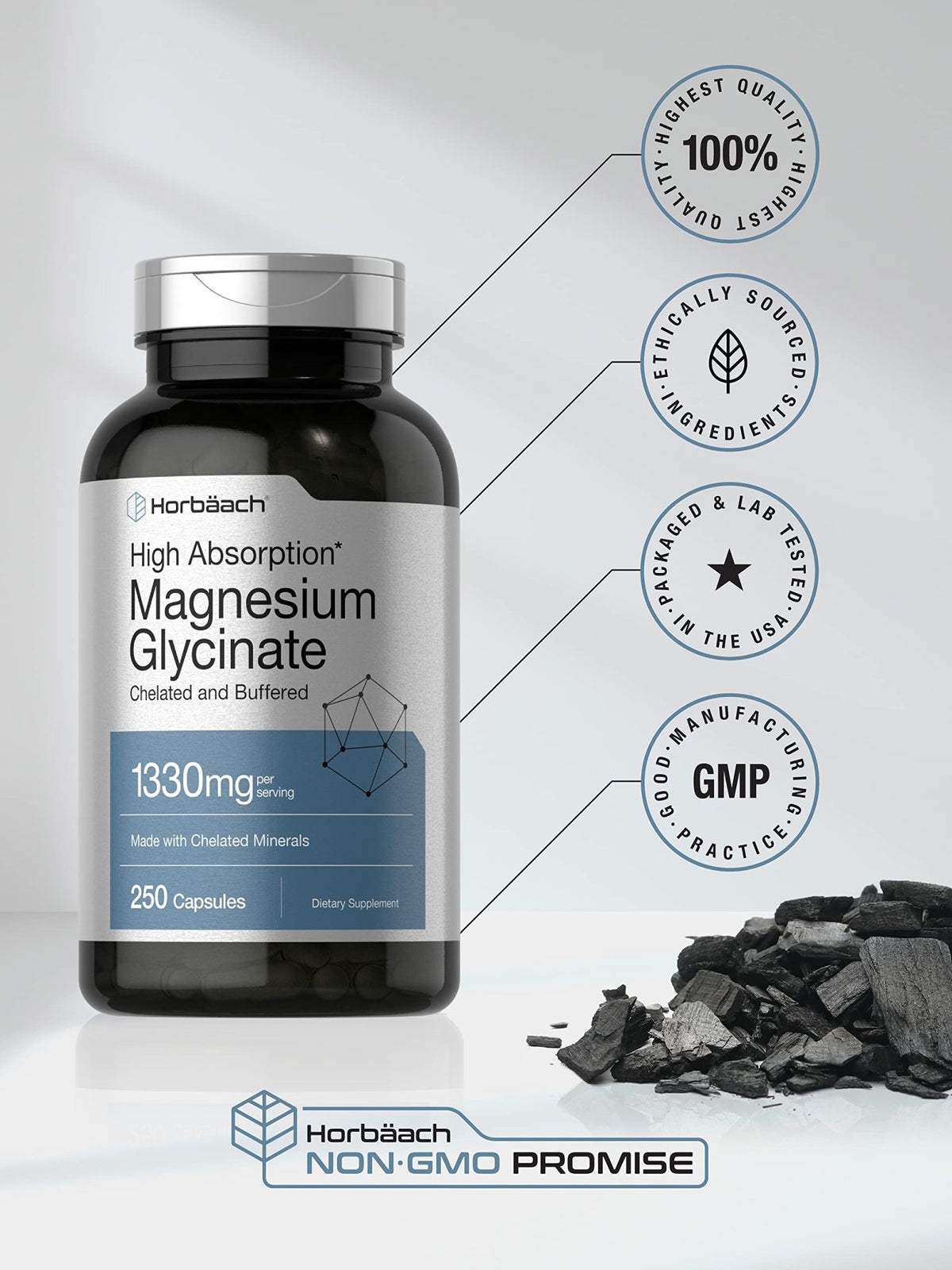 Horbaach Magnesium Glycinate 1330mg | 250 Capsules | Buffered with Chelated Minerals | 240 mg per Serving | Non-GMO, Gluten Free Supplement - FENGGESTORE20